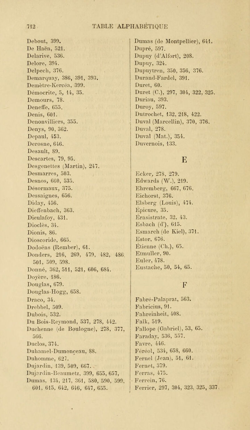 Debout, 399. De Haën, 521. Delarive, 536. Delore, 394. Delpech, 370. Demarquay, 386, 391, 393. Demètre-Kercéa, 399. Démocrite, 5, 14, 35. Demours, 78. Deneffe, G53. Denis, G01. Denonvilliers, 355. Denys, 90, 362. Depaul, 453. Derosne, 646. Desault, 89. Descartes, 79, 95. Desgenettes (Martin), 247. Desmarres, 503. Desnos, 660, 535. Désormaux, 375. Dessaignes, 656. Diday, 456. Dieffenbach, 363. Dieulafoy, 431. Dioclès, 34. Dionis, 86. Dioscoride, 665. Dodoëns (R,ember), 61. Donders, 216, 269, 479. 482, 4S6. 501. 509, 598. Donné, 362, 511, 521, 606, 684. Doyère, 186. Douglas, 679. Douglas-Hogg, 658. Draco, 34. Drebbel, 509. Dubois, 532. Du Bois-Reymond, 537, 278, 442. Duchenne (de Boulogne), 278, 377, 566. Duclos, 374. Duhamel-Dumonçeau, 88. Duhomme, 627. Dujardin, 139, 509, 607. Dujardin-Beaumetz, 399, 655,657, Dumas, 134, 217, 361, 580, 590, 599; 601. 615, 642, 646, 647, G.'i:;. Dumas (de Montpellier), 641. Dupré, 597. Dupuy (dAlfort), 208. Dupuy, 324. Dupuytren, 350, 356, 376. Durand-Fardel, 391. Duret, 60. Duret (C), 297, 304, 322, 325. Duriau, 393. Duroy, 597. Dutrochet, 132, 218, 422. Duval (Marcellin), 370, 376. Duval, 278. Duval (Mat.), 354. Duvernois, 133. E Ecker, 278. 279. Edwards (W.), 219. Ehremberg, 667, 676. Eichorst, 376. Elsberg (Louis), 474. Epicure, 35. Erasistrate, 32. 43. Esbach (d'), 615. Esmarch (de Kiel), 371. Estor, 676. Etienne (Ch.), 63. Etmuller, 90. Euler, 478. Eustache, 50, 54, 65. Fabré-Palaprat, 563. Fabricius, 91. Fahreinheit, 408. Falk, 519. Fallope (Gabriel), 53, 65. Faraday, 536, 537. Favre, 446. Féréol, 534, 658, 660. Fernel (Jean), 51, 61. Fernet, 379. Ferras, 475. Ferrein, 76. i Ferrier, 297, 304, 323.. 323, 337