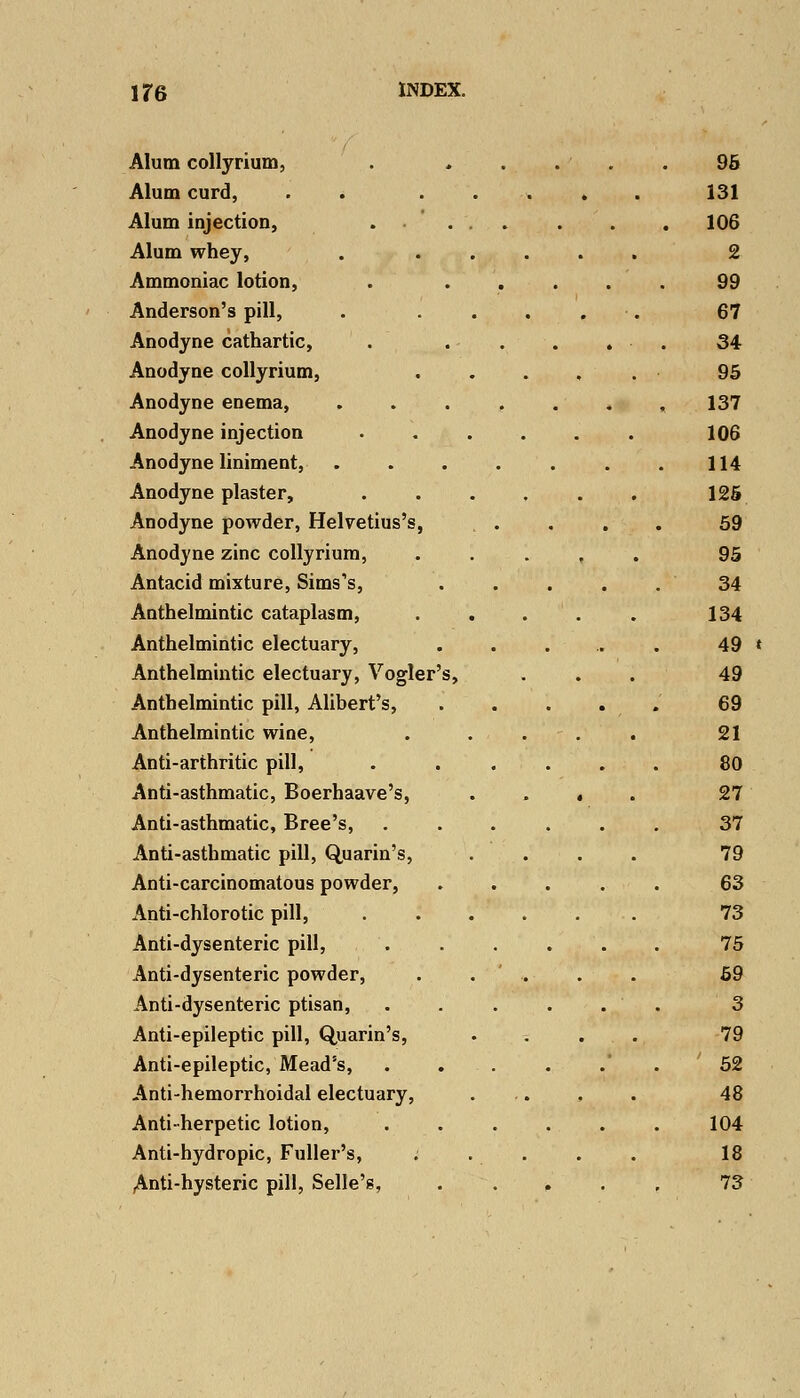 Alum collyrium, Alum curd, Alum injection, ... Alum whey, Ammoniac lotion, Anderson's pill, Anodyne cathartic, Anodyne collyrium, Anodyne enema, Anodyne injection Anodyne liniment, Anodyne plaster, Anodyne powder, Helvetius's, Anodyne zinc collyrium, Antacid mixture, Situs's, Anthelmintic cataplasm, Anthelmintic electuary, Anthelmintic electuary, Vogler's, Anthelmintic pill, Alibert's, Anthelmintic wine, Anti-arthritic pill, Anti-asthmatic, Boerhaave's, Anti-asthmatic, Bree's, Anti-asthmatic pill, Quarin's, Anti-carcinomatous powder, Anti-chlorotic pill, Anti-dysenteric pill, Anti-dysenteric powder, Anti-dysenteric ptisan, Anti-epileptic pill, Quarin's, Anti-epileptic, Mead's, Anti-hemorrhoidal electuary, Anti-herpetic lotion, Anti-hydropic, Fuller's, Anti-hysteric pill, Selle's,