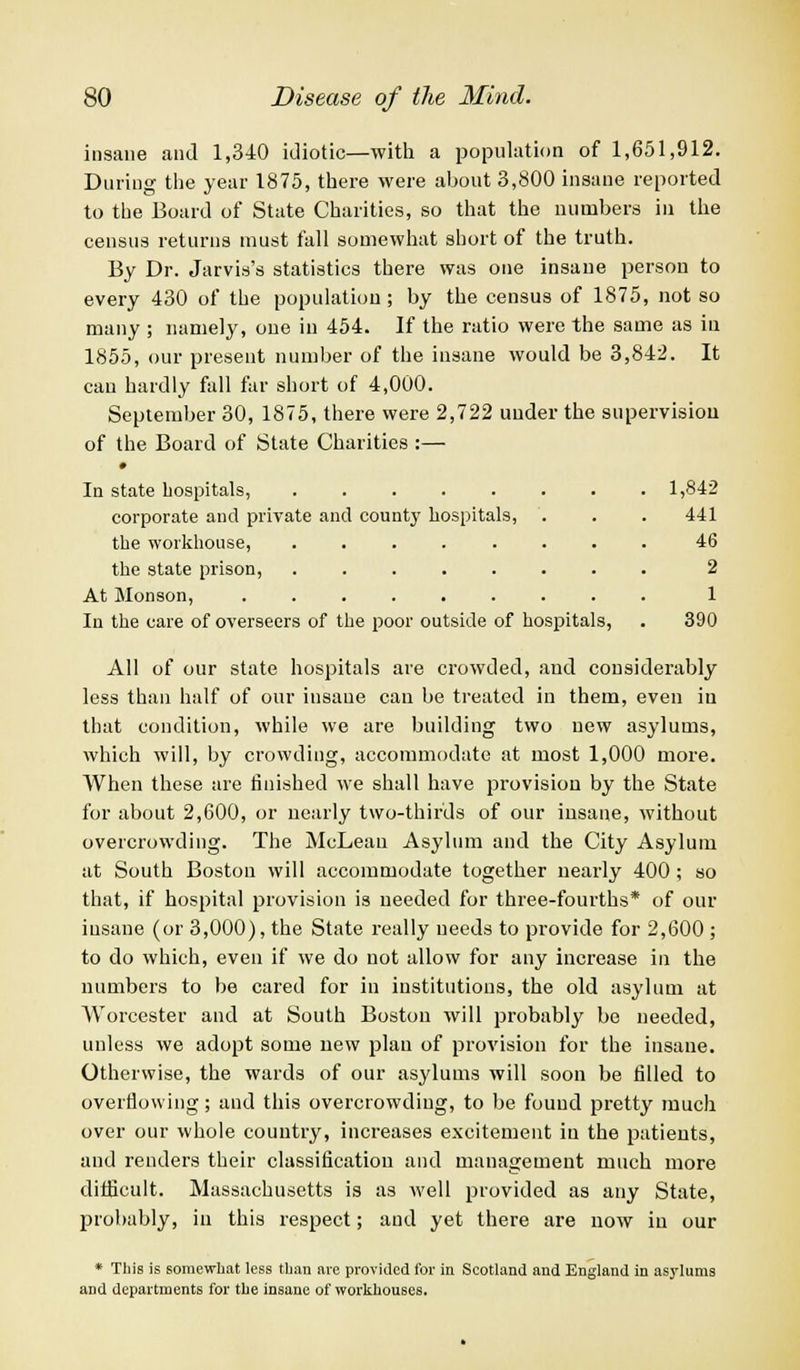 insane and 1,340 idiotic—with a population of 1,651,912. During the year 1875, there were about 3,800 insane reported to the Board of State Charities, so that the numbers iu the census returns must fall somewhat short of the truth. By Dr. Jarvis's statistics there was one insane person to every 430 of the population ; by the census of 1875, not so many ; namely, one in 454. If the ratio were the same as in 1855, our present number of the insane would be 3,842. It can hardly fall far short of 4,000. September 30, 1875, there were 2,722 under the supervision of the Board of State Charities :— In state hospitals, 1,842 corporate and private and county hospitals, . . . 441 the workhouse, ........ 46 the state prison, ........ 2 At Monson, 1 In the care of overseers of the poor outside of hospitals, . 390 All of our state hospitals are crowded, and considerably less than half of our insaue can be treated in them, even in that condition, while we are building two new asylums, which will, by crowding, accommodate at most 1,000 more. When these are finished we shall have provision by the State for about 2,600, or nearly two-thirds of our insane, without overcrowding. The McLean Asylum and the City Asylum at South Boston will accommodate together nearly 400; so that, if hospital provision is needed for three-fourths* of our insane (or 3,000), the State really needs to provide for 2,600 ; to do which, even if we do not allow for any increase in the numbers to be cared for in institutions, the old asylum at Worcester and at South Boston will probably be needed, unless we adopt some new plan of provision for the insane. Otherwise, the wards of our asylums will soon be filled to overflowing; and this overcrowding, to be found pretty much over our whole country, increases excitement in the patients, and renders their classification and management much more difficult. Massachusetts is as well provided as any State, probably, in this respect; and yet there are now in our * This is somewhat less than are provided for in Scotland and England in asylums and departments for the insane of workhouses.