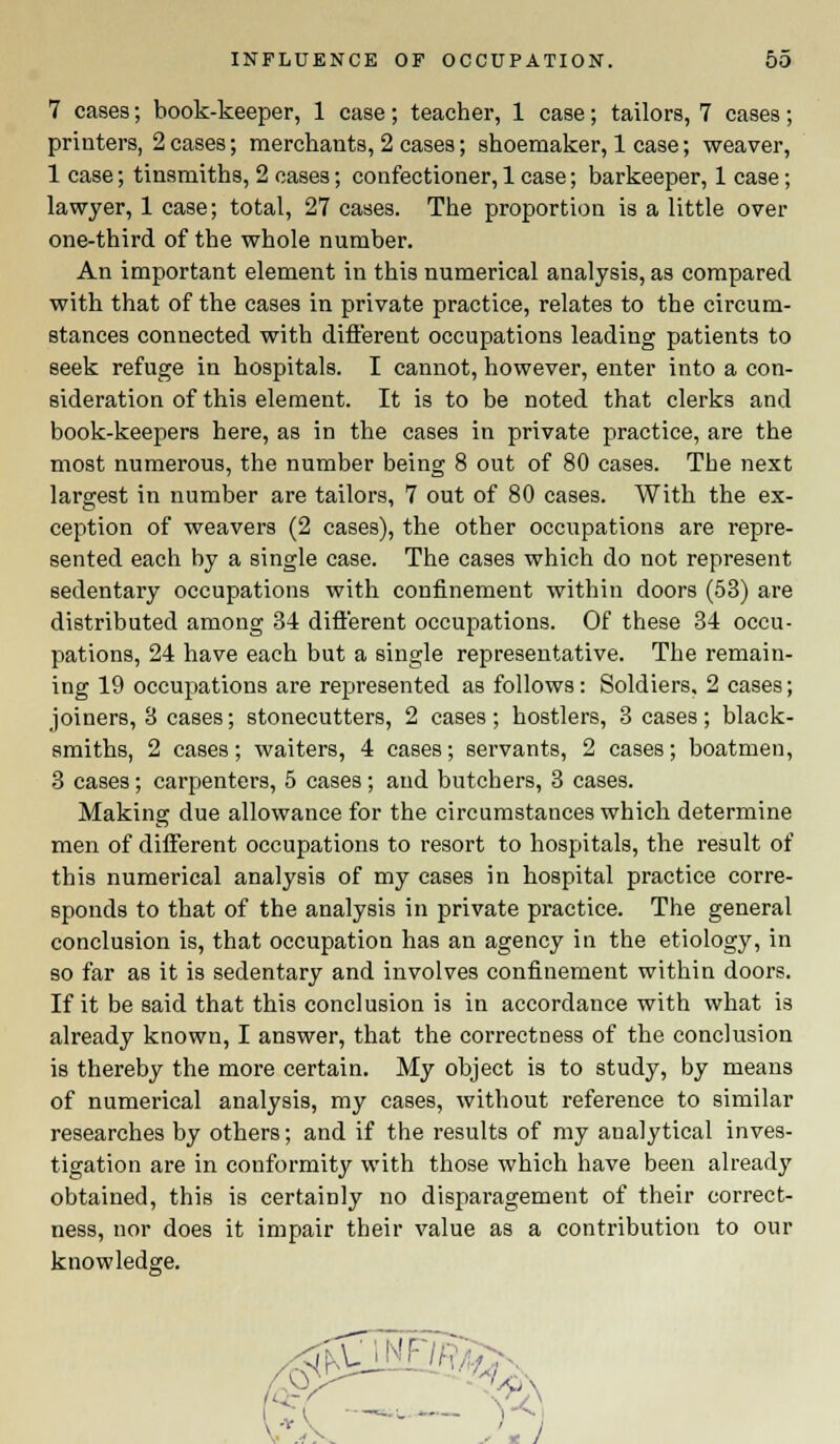 7 cases; book-keeper, 1 case; teacher, 1 case; tailors, 7 cases; printers, 2cases; merchants, 2 cases; shoemaker, 1 case; weaver, 1 case; tinsmiths, 2 cases; confectioner, 1 case; barkeeper, 1 case; lawyer, 1 case; total, 27 cases. The proportion is a little over one-third of the whole number. An important element in this numerical analysis, as compared with that of the cases in private practice, relates to the circum- stances connected with different occupations leading patients to seek refuge in hospitals. I cannot, however, enter into a con- sideration of this element. It is to be noted that clerks and book-keepers here, as in the cases in private practice, are the most numerous, the number being 8 out of 80 cases. The next largest in number are tailors, 7 out of 80 cases. With the ex- ception of weavers (2 cases), the other occupations are repre- sented each by a single case. The cases which do not represent sedentary occupations with confinement within doors (53) are distributed among 34 different occupations. Of these 34 occu- pations, 24 have each but a single representative. The remain- ing 19 occupations are represented as follows: Soldiers, 2 cases; joiners, 3 cases; stonecutters, 2 cases; hostlers, 3 cases; black- smiths, 2 cases; waiters, 4 cases; servants, 2 cases; boatmen, 3 cases; carpenters, 5 cases; and butchers, 3 cases. Making due allowance for the circumstances which determine men of different occupations to resort to hospitals, the result of this numerical analysis of my cases in hospital practice corre- sponds to that of the analysis in private practice. The general conclusion is, that occupation has an agency in the etiology, in so far as it is sedentary and involves confinement within doors. If it be said that this conclusion is in accordance with what is already known, I answer, that the correctness of the conclusion is thereby the more certain. My object is to study, by means of numerical analysis, my cases, without reference to similar researches by others; and if the results of my analytical inves- tigation are in conformity with those which have been already obtained, this is certainly no disparagement of their correct- ness, nor does it impair their value as a contribution to our knowledge.