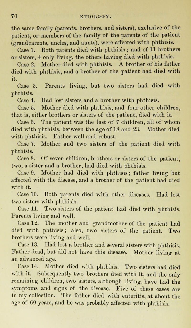 the same family (parents, brothers, and sisters), exclusive of the patient, or members of the family of the parents of the patient (grandparents, uncles, and aunts), were affected with phthisis. Case 1. Both parents died with phthisis ; and of 11 brothers or sisters, 4 only living, the others having died with phthisis. Case 2. Mother died with phthisis. A brother of his father died with phthisis, and a brother of the patient had died with it. Case 3. Parents living, but two sisters had died with phthisis. Case 4. Had lost sisters and a brother with phthisis. Case 5. Mother died with phthisis, and four other children, that is, either brothers or sisters of the patient, died with it. Case 6. The patient was the last of 7 children, all of whom died with phthisis, between the age of 18 and 23. Mother died with phthisis. Father well and robust. Case 7. Mother and two sisters of the patient died with phthisis. Case 8. Of seven children, brothers or sisters of the patient, two, a sister and a brother, had died with phthisis. Case 9. Mother had died with phthisis; father living but affected with the disease, and a brother of the patient had died with it. Case 10. Both parents died with other diseases. Had lost two sisters with phthisis. Case 11. Two sisters of the patient had died with phthisis. Parents living and well. Case 12. The mother and grandmother of the patient had died with phthisis; also, two sisters of the patient. Two brothers were living and well. Case 13. Had lost a brother and several sisters with phthisis. Father dead, but did not have this disease. Mother living at an advanced age. Case 14. Mother died with phthisis. Two sisters had died with it. Subsequently two brothers died with it, and the only remaining children, two sisters, although living, have had the symptoms and signs of the disease. Five of these cases are in my collection. The father died with enteritis, at about the age of 60 years, and he was probably affected with phthisis.