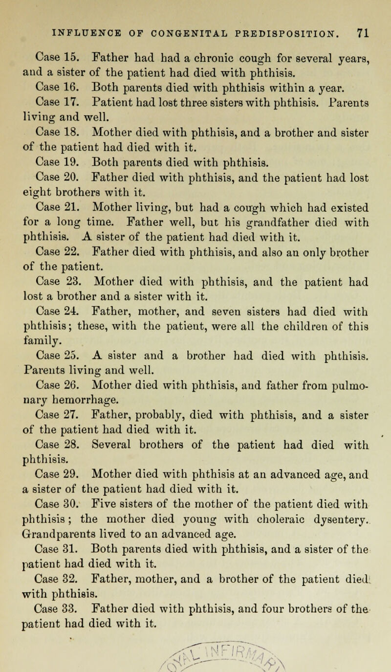 Case 15. Father had had a chronic cough for several years, and a sister of the patient had died with phthisis. Case 16. Both parents died with phthisis within a year. Case 17. Patient had lost three sisters with phthisis. Parents living and well. Case 18. Mother died with phthisis, and a brother and sister of the patient had died with it. Case 19. Both parents died with phthisis. Case 20. Father died with phthisis, and the patient had lost eight brothers with it. Case 21. Mother living, but had a cough which had existed for a long time. Father well, but his grandfather died with phthisis. A sister of the patient had died with it. Case 22. Father died with phthisis, and also an only brother of the patient. Case 23. Mother died with phthisis, and the patient had lost a brother and a sister with it. Case 24. Father, mother, and seven sisters had died with phthisis; these, with the patient, were all the children of this family. Case 25. A sister and a brother had died with phthisis. Parents living and well. Case 26. Mother died with phthisis, and father from pulmo- nary hemorrhage. Case 27. Father, probably, died with phthisis, and a sister of the patient had died with it. Case 28. Several brothers of the patient had died with phthisis. Case 29. Mother died with phthisis at an advanced age, and a sister of the patient had died with it. Case 30. Five sisters of the mother of the patient died with phthisis; the mother died young with choleraic dysentery. Grandparents lived to an advanced age. Case 31. Both parents died with phthisis, and a sister of the patient had died with it. Case 32. Father, mother, and a brother of the patient died: with phthisis. Case 33. Father died with phthisis, and four brothers of the patient had died with it.