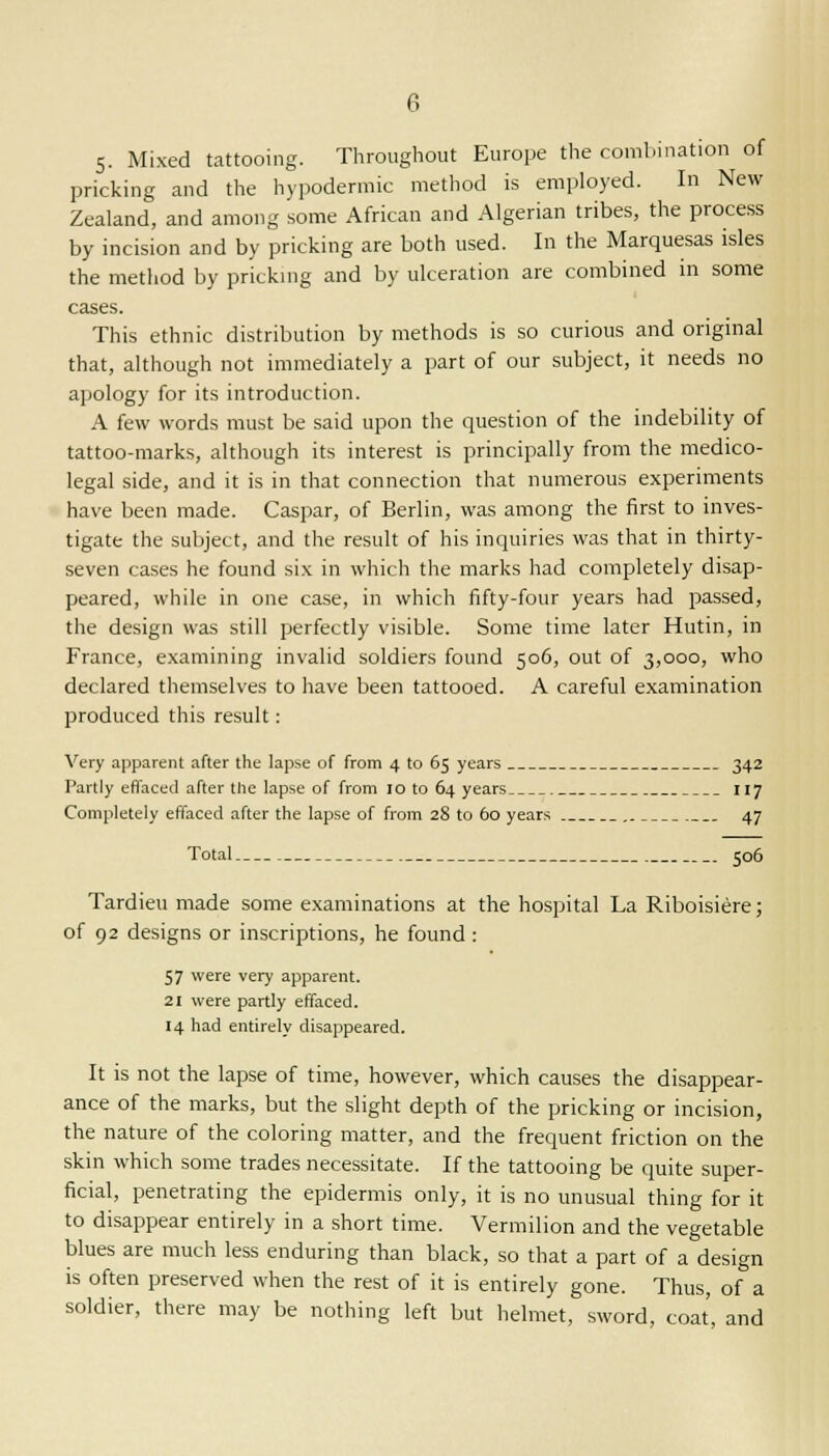 5. Mixed tattooing. Throughout Europe the combination of pricking and the hypodermic method is employed. In New Zealand, and among some African and Algerian tribes, the process by incision and by pricking are both used. In the Marquesas isles the method by pricking and by ulceration are combined in some cases. This ethnic distribution by methods is so curious and original that, although not immediately a part of our subject, it needs no apology for its introduction. A few words must be said upon the question of the indebility of tattoo-marks, although its interest is principally from the medico- legal side, and it is in that connection that numerous experiments have been made. Caspar, of Berlin, was among the first to inves- tigate the subject, and the result of his inquiries was that in thirty- seven cases he found six in which the marks had completely disap- peared, while in one case, in which fifty-four years had passed, the design was still perfectly visible. Some time later Hutin, in France, examining invalid soldiers found 506, out of 3,000, who declared themselves to have been tattooed. A careful examination produced this result: Very apparent after the lapse of from 4 to 65 years 342 Partly effaced after the lapse of from 10 to 64 years 117 Completely effaced after the lapse of from 28 to 60 years 47 Total 506 Tardieu made some examinations at the hospital La Riboisiere; of 92 designs or inscriptions, he found : 57 were very apparent. 21 were partly effaced. 14 had entirely disappeared. It is not the lapse of time, however, which causes the disappear- ance of the marks, but the slight depth of the pricking or incision, the nature of the coloring matter, and the frequent friction on the skin which some trades necessitate. If the tattooing be quite super- ficial, penetrating the epidermis only, it is no unusual thing for it to disappear entirely in a short time. Vermilion and the vegetable blues are much less enduring than black, so that a part of a design is often preserved when the rest of it is entirely gone. Thus, of a soldier, there may be nothing left but helmet, sword, coat, and