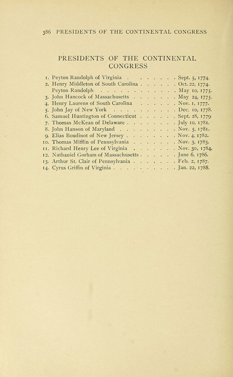 PRESIDENTS OF THE CONTINENTAL CONGRESS 1. Peyton Randolph of Virginia . Sept. 5, 1774. 2. Henry Middleton of South Carolina Oct. 22, 1774. Peyton Randolph May 10, 1775. 3. John Hancock of Massachusetts May 24, 1775. 4. Henry Laurens of South Carolina Nov. i, 1777. 5. John Jay of New York Dec. 10, 1778. 6. Samuel Huntington of Connecticut Sept. 28, 1779. 7. Thomas McKean of Delaware July 10, 1781, 8. John Hanson of Maryland Nov. 5, 1781. 9. Elias Boudinot of New Jersey Nov. 4, 1782. 10. Thomas Mifflin of Pennsylvania Nov. 3, 1783. 11. Richard Henry Lee of Virginia Nov. 30, 1784. 12. Nathaniel Gorham of Massachusetts June 6, 1786. 13. Arthur St. Clair of Pennsylvania Feb. 2, 1787. 14. Cyrus Griffin of Virginia .......... Jan. 22, 1788.