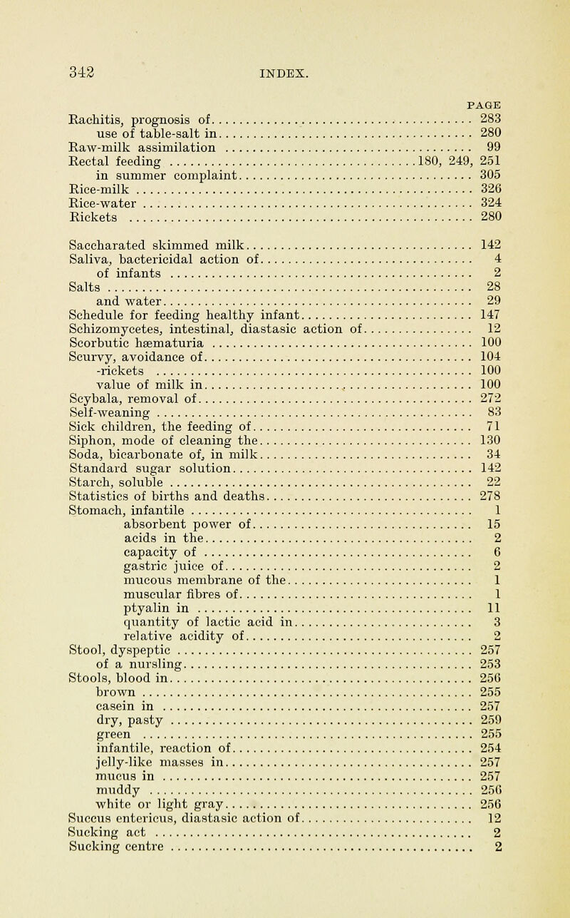 PAGE Eaehitis, prognosis of 283 use of table-salt in 280 Raw-milk assimilation 99 Rectal feeding 180, 249, 251 in summer complaint 305 Rice-milk 326 Rice-water 324 Rickets 280 Saoeharated skimmed milk 142 Saliva, bactericidal action of 4 of infants 2 Salts 28 and water 29 Schedule for feeding healthy infant 147 Schizomycetes, intestinal, diastasic action of 12 Scorbutic heematuria 100 Scurvy, avoidance of 104 -rickets 100 value of milk in 100 Seybala, removal of 272 Self-weaning 83 Sick children, the feeding of 71 Siphon, mode of cleaning the 130 Soda, bicarbonate of, in milk 34 Standard sugar solution 142 Starch, soluble 22 Statistics of births and deaths 278 Stomach, infantile 1 absorbent power of 15 acids in the 2 capacity of 6 gastric juice of 2 mtieous membrane of the 1 muscular fibres of 1 ptyalin in 11 quantity of lactic acid in 3 relative acidity of 2 Stool, dyspeptic 257 of a nursling 253 Stools, blood in 256 brown 255 casein in 257 dry, pasty 259 green 255 infantile, reaction of 254 jelly-like masses in 257 mucus in 257 muddy 250 white or light gray 256 Suecus entericus, diastasic action of 12 Sucking act 2 Sucking centre 2