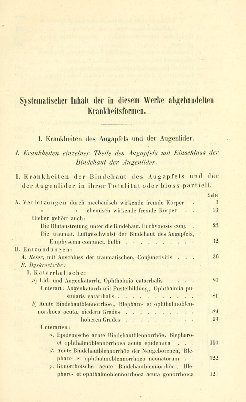 Systematischer Inhalt der in diesem Werke abgehandelten Krankheitsformen. I. Krankheiten des Augapfels und der Augenlider. /. Krankheiten einzelner Theile des Augapfels mit Einschluss der Bindehaut der Augenlider. 1. Krankheiten der Bindehaut des Augapfels und (lei- der Augenlider in ihrer Totalität oder bloss partiell. Seite A. Verletzungen durch mechanisch wirkende fremde Körper . 7 » « chemisch wirkende fremde Körper . . 13 Hieher gehört auch: Die Blutaustretung unter die Bindehaut, Ecchymosis conj. . 25 Die traumat. Luflgeschwulst der Bindehaut des Augapfels, Emphysema conjunct. bulbi . - 32 B. Entzündungen: A. Reine, mit Anschluss der traumatischen, Conjunctivitis ... 3fi B. Dyskrasische: 1. Katarrhalische: a) Lid- und Augenkatarrh, Ophthalmia catarrhalis .... SO Unterart: Augenkatarrh mit Pnslelbildung, Ophthalmia pu- stularis catarrhalis Kl b) Acute Bindehautblennorrhöe, Blepharo- et ophthalmoblen- norrhoea acuta, niedern Grades SO höheren Grades 03 Unterarten: «. Epidemische acute Bindehautblennorrhöe, Blepharo- et ophthalmoblennorrhoea acuta epidemica ... 110 ß. Acute Bindehautblennorrhöe der Neugeborenen, Ble- pharo- et ophthalmoblennorrhoea neonatorum . . 122 /.Gonorrhoische acute Bindehautblennorrhöe, Ble- pharo- et ophthalmoblennorrhoea acuta gonorrhoica 121