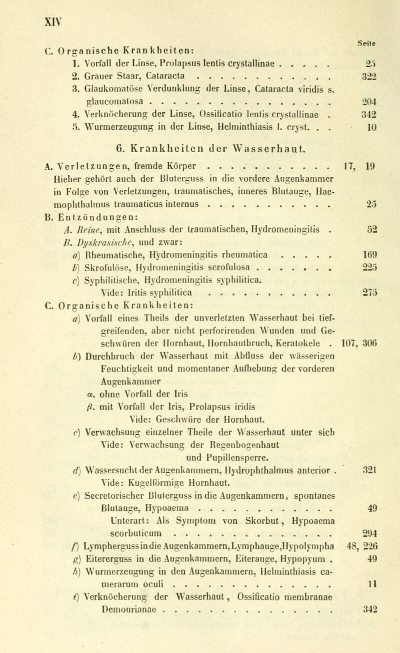Seile C. Organische Krankheiten: 1. Vorfall der Linse, Prolapsus lentis crystallinae . . , . . 25 2. Grauer Staar, Cataracta 322 3. Glaukomatöse Verdunklung der Linse, Cataracta viridis s. glaucomatosa 204 4. Verknöcherung der Linse, Ossificatio lentis crystallinae . 342 5. Wurmerzeugung in der Linse, Helminthiasis I. cryst. . . 10 6. Krankheiten der Wasserhaut. A. Verletzungen, fremde Körper 17, 19 Hieher gehört auch der Bluterguss in die vordere Augenkammer in Folge von Verletzungen, traumatisches, inneres Blutauge, Hae- mophthalmus traumaticus internus 25 B. Entzü ndungen: A. Bei?ie, mit Anschluss der traumatischen, Hydromeningitis . 52 B. Dyskrasiscfre, und zwar: a) Rheumatische, Hydromeningitis rheumatica 169 b) Skrofulöse, Hydromeningitis scrofulosa 225 c) Syphilitische, Hydromeningitis syphilitica. Vide: Iritis syphilitica 275 C. Organische Krankheiten: a) Vorfall eines Theils der unverletzten Wasserhaut bei tief- greifenden, aber nicht perforirenden Wunden und Ge- schwüren der Hornhaut, Hornhautbruch, Keratokele . 107, 306 b) Durchbruch der Wasserhaut mit Abfluss der wässerigen Feuchtigkeit und momentaner Aufhebung der vorderen Augenkammer a. ohne Vorfall der Iris ß. mit Vorfall der Iris, Prolapsus iridis Vide: Geschwüre der Hornhaut. c) Verwachsung einzelner Theile der Wasserhaut unter sich Vide: Verwachsung der Regenbogenhaut und Pupillensperre. d) Wassersucht der Augenkammern, Hydrophthalmus anterior . 321 Vide: Kugelförmige Hornhaut. e) Secrelorischer Bluterguss in die Augenkammern, spontanes Blutauge, Hypoaema 49 Unterart: Als Symptom von Skorbut, Hypoaema scorbuticum 294 f) Lympherguss in die Augenkammern, Lymphauge,Hypolympha 48, 226 g) Eitererguss in die Augenkammern, Eiterauge, Hypopyum . 49 h) Wurmerzeugung in den Augenkammern, Helminthiasis ca- merarum oculi 11 i) Verknöcherung der Wasserhaut, Ossificatio membranae Demourianae 342
