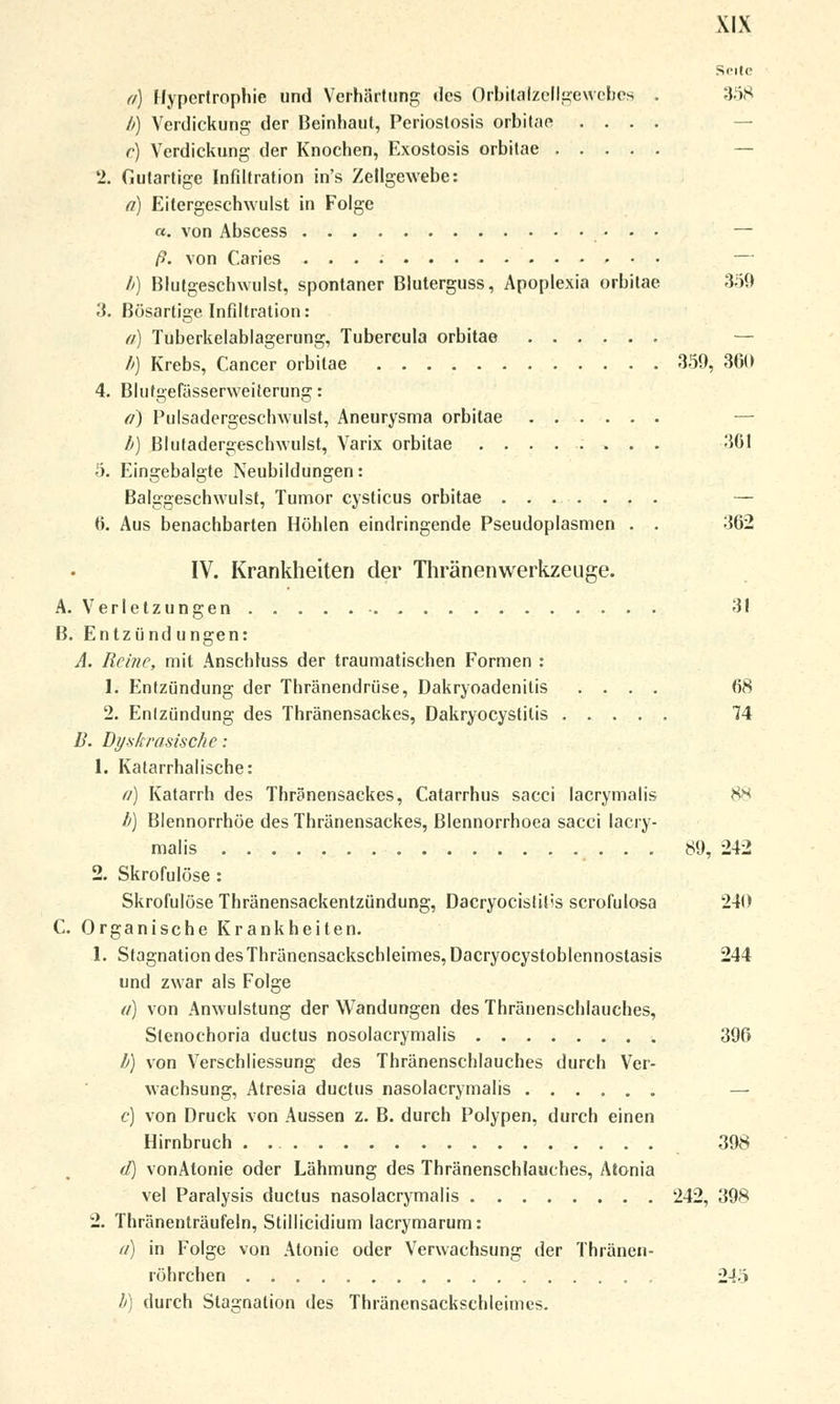 Si-ite (/) Hypertrophie und Verhärtung des Orbitalzellgewebes . 358 b) Verdickung der Beinhaut, Periostosis orbitae .... c) Verdickung der Knochen, Exostosis orbitae 2. Gutartige Infiltration in's Zellgewebe: a) Eitergeschwulst in Folge «. von Abscess — ß. von Caries b) Blutgeschwulst, spontaner Bluterguss, Apoplexia orbitae 350 3. Bösartige Infdtration: //) Tuberkelablagerung, Tubercula orbitae b) Krebs, Cancer orbitae 359, 360 4. Blufgefässerweiterung: a) Pulsadergeschwulst, Aneurysma orbitae b) Blutadergeschwulst, Varix orbitae ......... 361 5. Eingebalgte Neubildungen: Balggeschwulst, Tumor cysticus orbitae — 6. Aus benachbarten Höhlen eindringende Pseudoplasmen . . 362 IV. Krankheiten der Thränenwerkzeuge. A. Verletzungen 31 B. Entzü nd ungen: A. Reine, mit Anschluss der traumatischen Formen : 1. Entzündung der Thränendriise, Dakryoadenitis .... 68 2. Enlzündung des Thränensackes, Dakryocystilis 74 B. Dy.skrasischc: 1. Katarrhalische: a) Katarrh des Thränensackes, Catarrhus sacci lacrimalis 88 b) Blennorrhoe des Thränensackes, Blennorrhoea sacci lacry- malis • • • 89, 242 2. Skrofulöse: Skrofulöse Thränensackentzündung, Dacryocistit;s scrofulosa 240 C. Organische Krankheiten. 1. Stagnation des Thränensackschleimes, Dacryocystoblennostasis 244 und zwar als Folge //) von Anwulstung der Wandungen des Thränenschlauches, Stenochoria duetus nosolacrymalis 396 b) von Verschliessung des Thränenschlauches durch Ver- wachsung, Atresia duetus nasolacrymalis — c) von Druck von Aussen z. B. durch Polypen, durch einen Hirnbruch 398 d) vonAtonie oder Lähmung des Thränenschlauches, Atonia vel Paralysis duetus nasolacrymalis 242, 398 2. Thränenträufeln, Stillicidium lacrymarum: ti) in Folge von Atonie oder Verwachsung der Thränen- röhrchen 245 //) durch Stagnation des Thränensackschleimes.