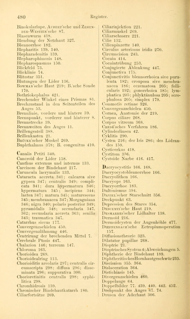 Binokularlupe, AuBERT'sche und Zehen- DEK-WESTiEx'sehe 87. Blasenwurm 418. Blendung der Netzhaut 327. Blennorrhoe 182. Blepharitis 139. 140. Blepharadenitis 139. Blepharophiniosis 148. Blej)harospasmus 150. Blickfeld 73. Blicklinie 74. Blitzstar 351. Blutungen der Lider 136. BowMAN'sche Haut 219; B.'sche Sonde 170. Bothriokephalus 421. Brechender Winkel eines Prismas 81. Brechzustand in den Seitenteilen des Auges 53. Brennliuie, vordere und hintere 39. Brennpunkt, vorderer und hinterer 8. Brennstrecke 39. Brennweiten des Auges 11. Brillengestell 388. Brillenkasten 21. BßüCKE'scher Muskel 269. Buphthalmus 378; B. congenitus 410. Canalis Petiti 340. Cancroid der Lider 158. Canthus externus und internus 133. Carcinom der Bindehaut 217. Caruncula lacrymalis 133. Cataracta accreta 341; calcarea sive gypsea 347; centralis 349; compli- cata 341; dura hypermatura 346; hypermatura 345; incipiens 344; lactea347; matura 345; maturescens 345; membranacea 347; Morgagniana 346; nigra 340; polaris posterior 349; pyramidalis 348; secundaria 347. 362; secundaria accreta 363; senilis 343; traumatica 347. Catarrhus siccus 177. Convergenzschielen 450. Convergenzlähniung 446. Centrirung der brechenden Mittel 7. Cerebrale Ptosis 447. Chalazion 146; terreum 147. Chloroma 163. Chorioidea 269. Chorioidealring 113. Chorioiditis areolaris 297; centralis cir- cumscripta 298: diffusa 296; disse- minata 296; suppurativa 300. Chorioretinitis centralis 298; syplii- litica 298. Chromhidrosis 139. Chronischer Bindehautkatarrli 180. Ciliarfortsätze 269. Ciliarinjektion 221. Ciliarmuskel 269. Ciliarsclnnerz 221. Cilie 132. Cilienpinzette 140. Circulus arteriosus iridis 270. Circumcision 243. Cocain 414. Cocaintrübung 253. Conjugierte Ablenkung 447. Conjunctiva 175. Conjunctivitis blennorrhoica sive puru- lenta 182; crouposa sive membra- nacea 186; eczematosa 205; folli- cularis 192; gonorrhoica 185; lym- phatica 205; phlyktänulosa 205; scro- phulosa 205; simplex 179. Conuuotio retinae 326. Convergenzschielen 450. Cornea, Anatomie der 219. Corjjus ciliare 268. Corpus vitreum 368. CREDEsches Verfahren 186. Cylinderlinsen 42. Cyklitis 290. Cysten 216; der Iris 286; des Lidran- des 159. Cysticerkus 418. Cystitom 3-^6. Cystoide Narbe 416. 417. Dacryocystitis 166. 168. Dacryocystoblennorrhoe 166. Dacryolithen 166. Dacryops 163. Dacrvorrhoe 183. Daltonismus 394. DAViELScher Starschnitt 356. Deckpunkt 63. Depression des Stares 354. DESCEJiTi'sclie Haut 219. DESMAREEs'scher Lidhalter 138. Dermoid 216. Dermoidcysten der Augenhcihle 477. DiEFFENBACH'sche EctropiumoperatiOD 157. Diffusionstheorie 323. Dilatator pupillae 268. Dioptrie 21. I )io] )trisches System 4; Abweichungen 5. Diplitherie der Bindehaut 189. I)i])]itheritischesHornhautgeschwür235. Discission 355. 364. Dislaceration 364. Distichiasis 145. Divergenzschielen 460. Do{)pelauire 64. l)o].pelbilder 77. 439. 440. 442. 452. Drehpunkt des Auges 67. 74. Drusen der Aderhaut 306.