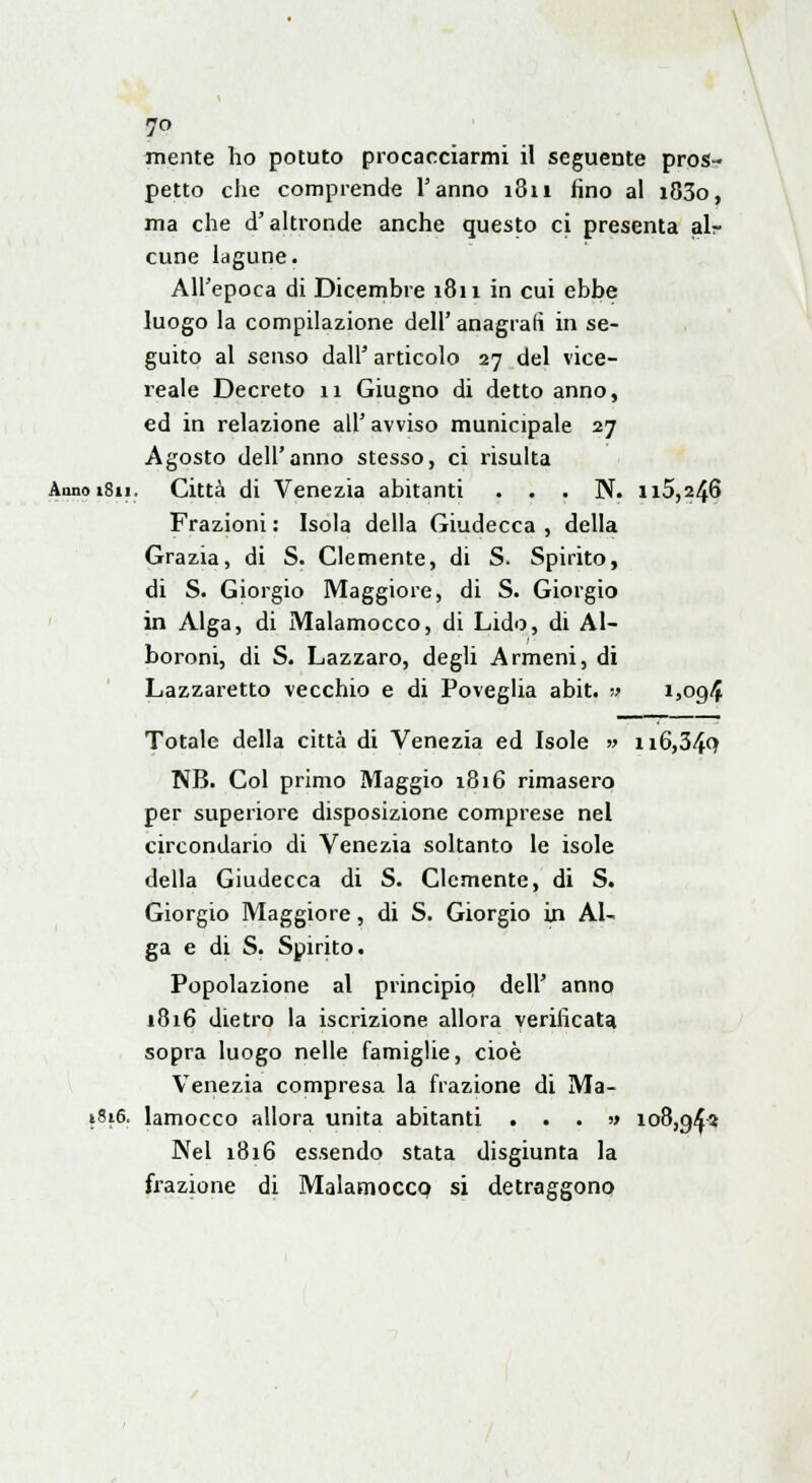mente ho potuto procacciarmi il seguente pros- petto che comprende Tanno 1811 fino al i83o, ma che d'altronde anche questo ci presenta air cune lagune. All'epoca di Dicembre 1811 in cui ebbe luogo la compilazione dell' anagrafi in se- guito al senso dall' articolo 27 del vice- reale Decreto 11 Giugno di detto anno, ed in relazione all' avviso municipale 27 Agosto dell'anno stesso, ci risulta Anno 1811. Città di Venezia abitanti . . . N. 115,246 Frazioni : Isola della Giudecca , della Grazia, di S. Clemente, di S. Spirito, di S. Giorgio Maggiore, di S. Giorgio in Alga, di Malamocco, di Lido, di Al- boroni, di S. Lazzaro, degli Armeni, di Lazzaretto vecchio e di Poveglia abit. ■> i5og4 Totale della città di Venezia ed Isole » ii6,34q NB. Col primo Maggio 1816 rimasero per superiore disposizione comprese nel circondario di Venezia soltanto le isole della Giudecca di S. Clemente, di S. Giorgio Maggiore, di S. Giorgio in Al- ga e di S. Spirito. Popolazione al principio dell' anno 1816 dietro la iscrizione allora verificata sopra luogo nelle famiglie, cioè Venezia compresa la frazione di Ma- »Si6, lamocco allora unita abitanti ...» 108,9^3 Nel 1816 essendo stata disgiunta la frazione di Malamocco si detraggono