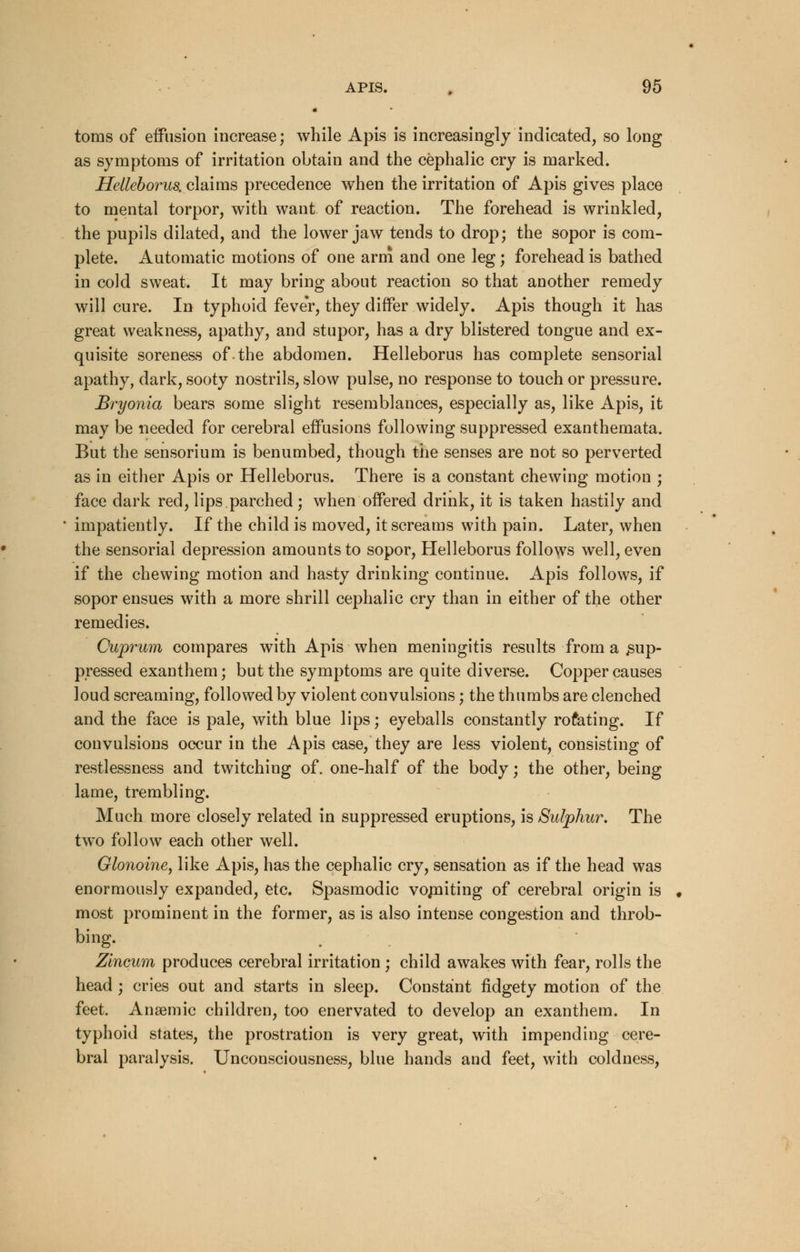 toras of effusion increase; while Apis is increasingly indicated, so long as symptoms of irritation obtain and the cephalic cry is marked. Helleborus. claims precedence when the irritation of Apis gives place to mental torpor, with want of reaction. The forehead is wrinkled, the pupils dilated, and the lower jaw tends to drop; the sopor is com- plete. Automatic motions of one arm and one leg; forehead is bathed in cold sweat. It may bring about reaction so that another remedy will cure. In typhoid fever, they differ widely. Apis though it has great weakness, apathy, and stupor, has a dry blistered tongue and ex- quisite soreness of the abdomen. Helleborus has complete sensorial apathy, dark, sooty nostrils, slow pulse, no response to touch or pressure. Bryonia bears some slight resemblances, especially as, like Apis, it may be needed for cerebral effusions following suppressed exanthemata. But the sensorium is benumbed, though the senses are not so perverted as in either Apis or Helleborus. There is a constant chewing motion ; face dark red, lips.parched; when offered drink, it is taken hastily and ' impatiently. If the child is moved, it screams with pain. Later, when the sensorial depression amounts to sopor, Helleborus follows well, even if the chewing motion and hasty drinking continue. Apis follows, if sopor ensues with a more shrill cephalic cry than in either of the other remedies. Cuprum compares with Apis when meningitis results from a ^up- pressed exanthem; but the symptoms are quite diverse. Copper causes loud screaming, followed by violent convulsions; the thumbs are clenched and the face is pale, with blue lips; eyeballs constantly rofating. If convulsions occur in the Apis case, they are less violent, consisting of restlessness and twitching of. one-half of the body; the other, being lame, trembling. Much more closely related in suppressed eruptions, is Sulphur. The two follow each other well. Glonoine, like Apis, has the cephalic cry, sensation as if the head was enormously expanded, etc. Spasmodic vomiting of cerebral origin is most prominent in the former, as is also intense congestion and throb- bing. Zlncum produces cerebral irritation ; child awakes with fear, rolls the head ; cries out and starts in sleep. Constant fidgety motion of the feet. Anaemic children, too enervated to develop an exanthem. In typhoid states, the prostration is very great, with impending cere- bral paralysis. Unconsciousness, blue hands and feet, with coldness,