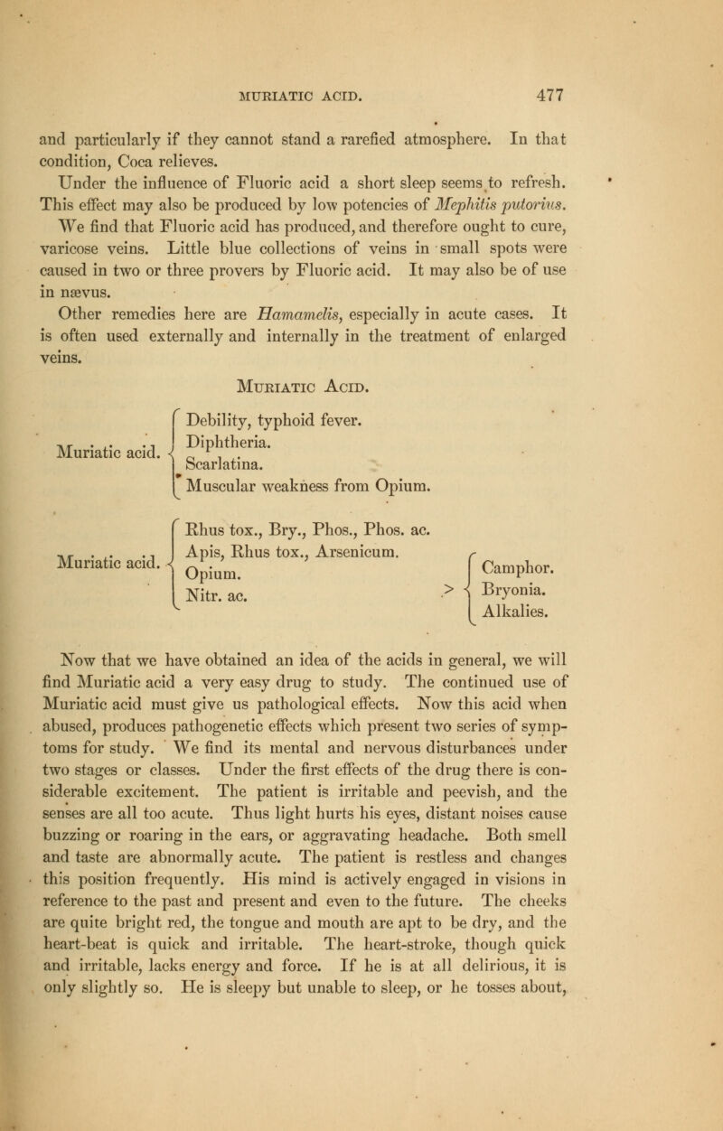 and particularly if they cannot stand a rarefied atmosphere. In that condition, Coca relieves. Under the influence of Fluoric acid a short sleep seems to refresh. This effect may also be produced by low potencies of Mephitis putorius. We find that Fluoric acid has produced, and therefore ought to cure, varicose veins. Little blue collections of veins in small spots were caused in two or three pro vers by Fluoric acid. It may also be of use in nsevus. Other remedies here are Hamamelis, especially in acute cases. It is often used externally and internally in the treatment of enlarged veins. Muriatic Acid. Debility, typhoid fever. Diphtheria. I Scarlatina. I Muscular weakness from Opium. Rhus tox., Bry., Phos., Phos. ac. Apis, Rhus tox., Arsenicum. Opium. Camphor. Nitr. ac. > ^ Bryonia. Alkalies. Muriatic acid. Muriatic acid. Now that we have obtained an idea of the acids in general, we will find Muriatic acid a very easy drug to study. The continued use of Muriatic acid must give us pathological effects. Now this acid when abused, produces pathogenetic effects which present two series of symp- toms for study. We find its mental and nervous disturbances under two stages or classes. Under the first effects of the drug there is con- siderable excitement. The patient is irritable and peevish, and the senses are all too acute. Thus light hurts his eyes, distant noises cause buzzing or roaring in the ears, or aggravating headache. Both smell and taste are abnormally acute. The patient is restless and changes this position frequently. His mind is actively engaged in visions in reference to the past and present and even to the future. The cheeks are quite bright red, the tongue and mouth are apt to be dry, and the heart-beat is quick and irritable. The heart-stroke, though quick and irritable, lacks energy and force. If he is at all delirious, it is only slightly so. He is sleepy but unable to sleep, or he tosses about,