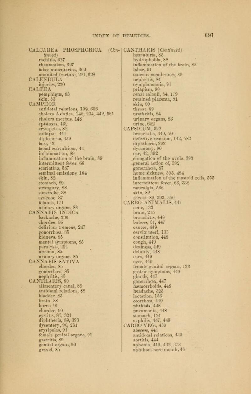 CALCAREA PHOSPHORICA tinned) rachitis. I _ rheumatism. 627 tabes mesenteric*, 602 ununited fracture, 221, 623 CALENDULA injuries. 22 CALTHA pemphigus, 83 skin, 83 CAMPHOR antidotal relations, 109. I cholera Asiatics, 148, 234, 442, cholera morbus, 148 epistaxis, 439 erysipelas, v'J collapse, 441 diphtheria, 439 face, 43 facial convulsi' : inflammation. - inflammation of the brain, 89 intermittent fever, 66 scarlatin: seminal emissions, 164 skin, 82 stomach. 3 strangury, 88 sunstroke. 38 syncope. 37 tetanus, 171 urinary organ-. B 9 CANNABIS INDICA backache, 330 chordee, B5 delirium tremens, 247 gonorrhoea. B5 kidneys, 8£ mental symptom-. B5 paralysis, 294 anemia, 85 urinary organs, B5 CANNABIS SAT1VA chordee. v gonorrhoea. So nephritis, - CANTHARIS. - alimentary canal. B9 antidotal relations. 88 bladder. B3 brail barns, 91 chordee, 90 cystitis, 85, 321 diphtheria, 89, 393 dysentery, 90, 231 erysipelas female genital organs, 91 gastritis, genital organs, 90 gravel. So (Con- CANTHARIS ' hematuria. B5 hydrophobia, 88 inflammation of the brain, 3 3 labor, 91 mucous membranes, 89 nephritis. ?4 nymphomania, 91 priapism, 90 renal calc retained placenta, 91 skin. - thn 581 urethritis, ^4 urinary organs, S3 urin-r CAPSICUM _ bronchitis, 340, 501 defective reaction, 142. 582 diphtheria, dysentery, 90 ear, 42, 392 elongation of the uvula, 393 general action o: gonorrhoa ^~ home sick 4S4 inflammation of the mastoid cells, 555 intermittent fever, 66, neuralgia, 566 skin. 82 throat. 89, 393, 550 CARBO ANIMALIS, 447 acne, 133 brain, 215 bronchitis, 44S buboes, 31, 447 cancer, 449 cervix uteri, 133 constitution, 4 cough.449 deafness. 449 debility, 448 ears. 449 i 449 female genital organs. 133 . -:ric symptoms, 44? glands, 447 gonorrhoea. 447 haemorrhoids 44S headache. 323 lactation. 156 otorrhoea, 449 phthisis. pneumonia. 44S stomach. 124 sv phi lis. 447. 449 CARBO VEG . 439 absce-s. 44! antidotal relations. 439 aortitis. 444 aphonia, 419, 442. ' aphthous sore mouth, 46