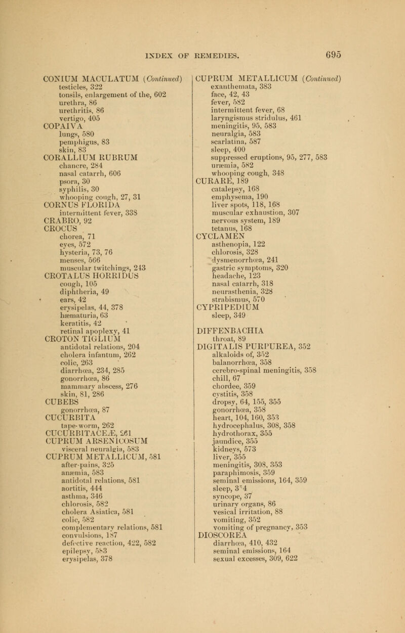 CONIUM MACULATUM {Continued) testicles, 322 tonsils, enlargement of the, 602 urethra, 86 urethritis, 86 vertigo, 405 COPAIVA lungs, 580 pemphigus, 83 skin, 83 CORALLIUM RUBRUM chancre, 284 nasal catarrh, 606 psora, 30 syphilis, 30 whooping cough, 27, 31 CORNUS FLORIDA intermittent fever, 33S CRABRO, 92 CROCUS chorea, 71 eyes, 572 hysteria, 73, 76 menses, 566 muscular twitchings, 243 CROTALUS HORRIDUS cough, 105 diphtheria, 49 ears, 42 erysipelas, 44, 378 hematuria, 63 keratitis, 42 retinal apoplexy, 41 CROTON T1GLIUM antidotal relations, 204 cholera infantum, 262 colic, 263 diarrhoea, 234, 285 gonorrhoea, 86 mammary abscess, 276 skin, 81, 286 CUBEBS gonorrhoea, 87 CUCURBITA tape-worm, 262 CUCURB1TACE.E, 261 CUPRUM ARSEN1COSUM visceral neuralgia, 583 CUPRUM METALLICUxM, 581 after-pains, 325 anaemia, 583 antidotal relations, 581 aortitis, 444 asthma, 346 chlorosis, 582 cholera Asiatica, 581 colic, 582 complementary relations, 581 convulsions, 1<S7 defective reaction, 422, 582 epilepsy, 583 erysipelas, 378 CUPRUM METALL1CUM {Continued) exanthemata, 383 face, 42, 43 fever, 582 intermittent fever, 68 laryngismus stridulus, 461 meningitis, 95, 583 neuralgia, 583 scarlatina, 587 sleep, 400 suppressed eruptions, 95, 277, 583 uraemia, 582 whooping cough, 348 CURARE, 189 catalepsy, 168 emphysema, 190 liver spots, 118, 1.68 muscular exhaustion, 307 nervous system, 189 tetanus, 168 CYCLAMEN asthenopia, 122 chlorosis, 328 dysmenorrhoea, 241 gastric symptoms, 320 headache, 123 nasal catarrh, 318 neurasthenia, 328 strabismus, 570 CYPRIPEDIUM sleep, 349 DIFFENBACHIA throat, 89 DIGITALIS PURPUREA, 352 alkaloids of, 352 balanorrhoea, 358 cerebro-spinal meningitis, 358 chill, 67 chordee, 359 cystitis, 358 dropsy, 64, 155, 355 gonorrhoea, 358 heart, 104, 160, 353 hydrocephalus, 308, 358 hydrothorax, 355 jaundice, 355 kidneys, 573 liver, 355 meningitis, 308, 353 paraphimosis, 359 seminal emissions, 164, 359 sleep, 34 syncope, 37 urinary organs, 86 vesical irritation, 88 vomiting, 352 vomiting of pregnancv, 353 DIOSCOREA diarrhoea, 410, 432 seminal emissions, 164 sexual excesses, 309, 622