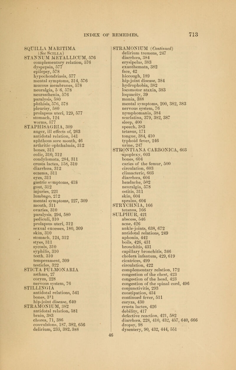 SQUILLA MARITIMA (See Scilla) STANNUM METALLICUM, 576 complementary relation, 576 dyspepsia, 577 epilepsy, 578 hypochondriasis, 577 mental symptoms, 314, 576 mucous membranes, 578 neuralgia, 5 16, 578 neurasthenia, 576 paralysis, 580 phthisis, 576, 578 pleurisy, 580 prolapsus uteri, 129, 577 stomach, 124 worms, 577 STAPH1SAGRIA, 309 anger, ill effects of, 263 antidotal relation, 541 aphthous sore mouth, 46 arthritic ophthalmia, 312 bones, 311 colic, 310, 312 condylomata, 284, 311 crusta lactea, 158, 310 diarrhoea, 312 eczema, 311 eyes, 311 gastric svmptoms, 418 gout, 312 injuries, 221 lumbago, 212 mental symptoms, 227, 309 mouth, 3*11 ovaries, 310 paralysis, 294, 580 pediculi, 310 prolapsus uteri, 312 sexual excesses, 180, 309 skin, 310 stomach, 124, 312 styes, 311 svcosis, 310 syphilis, 310 teeth, 310 temperament, 309 testicles, 322 STICTA PULMONARIA asthma, 27 coryza, 228 nervous system, 76 STILLING IA antidotal relations, 541 bones, 3H hip-joint disease, 640 STRAxMONIUM, 382 antidotal relation, 581 brain, 383 chorea, 71, 386 convulsions, 187, 382, 656 delirium, 233, 382, 3»8 STRAMONIUM {Continued) delirium tremens, 247 diarrhoea, 384 erysipelas, 383 exanthemata, 382 face, 42 hiccough, 189 hip-joint disease, 384 hydrophobia, 382 locomotor ataxia, 383 loquacity, 39 mania, 388 mental symptoms, 200, 382, 383 nervous system, 76 nymphomania, 384 scarlatina, 379, 382, 387 sleep, 400 speech, 383 tetanus, 171 tongue, 384, 410 typhoid fever, 246 urine, 247 STRONTIANA CARBONICA, 603 apoplexy, 603 bones, 604 caries of the femur, 500 circulation, 603 climacteric, 603 diarrhoea, 604 headache, 502 neuralgia, 578 ostitis, 311 skin, 604 sprains, 604 STRYCHNIA, 166 tetanus, 166 SULPHUR, 421 abscess, 546 acne, 426 ankle-joints, 638, 672 antidotal relations, 249 aphonia, 442 boils, 426, 431 bronchitis, 431 capillary bronchitis, 346 cholera infantum, 429, 619 cicatrices, 499 circulation, 422 complementary relation, 172 congestion of the chest, 423 congestion of the head, 423 congestion of the spinal cord, 496 conjunctivitis, 293 constipation, 434 continued fever, 511 coryza, 430 crusta lactea, 426 debility, 417 defective reaction, 421, 582 diarrhoea, 228, 410, 432, 457, 640, 6GQ dropsv, 98 dysentery, 90, 432, 444, 551 46