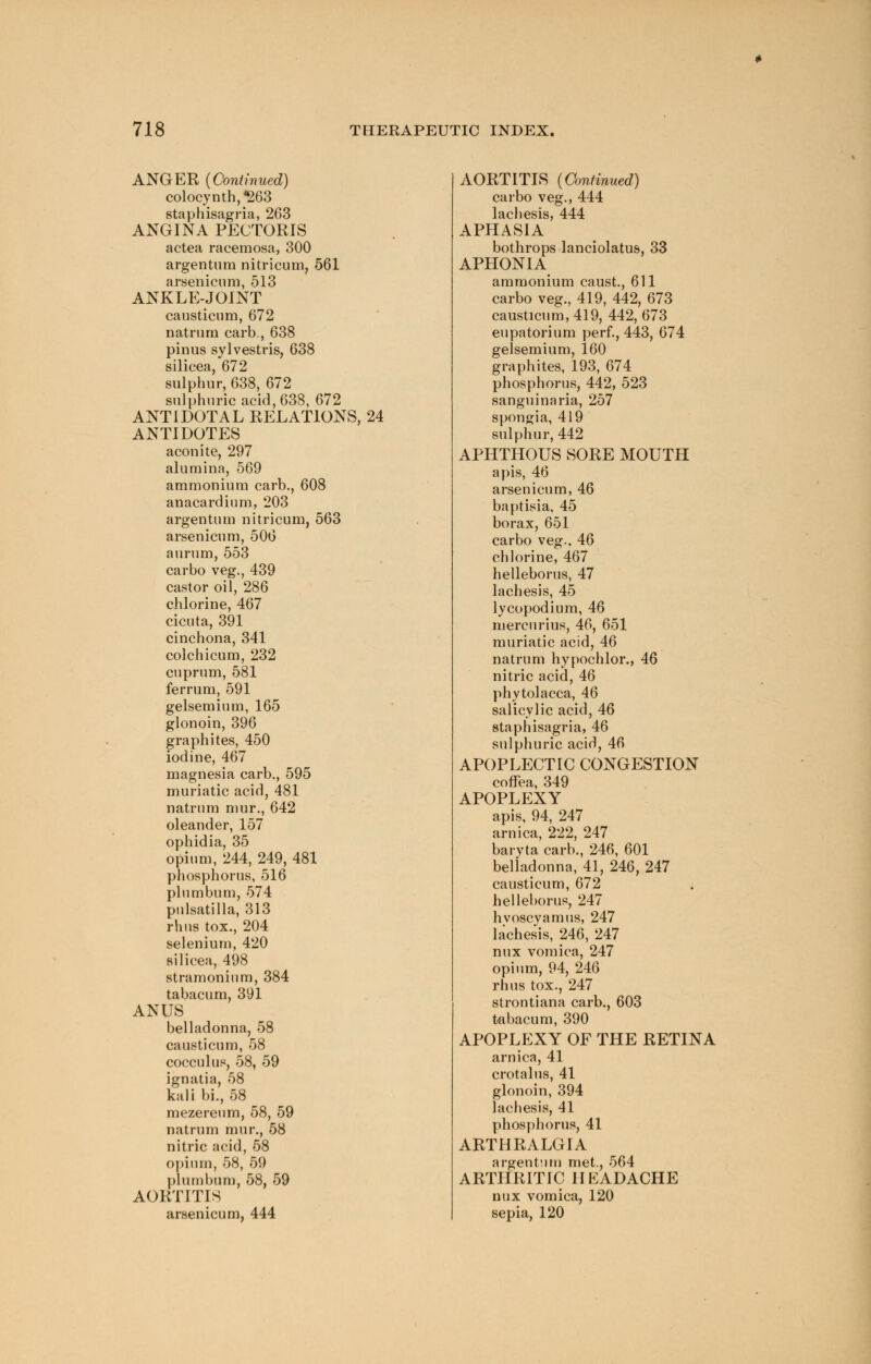 ANGER {Continued) colocynth,«263 staphisagria, 263 ANGINA PECTORIS actea racemosa, 300 argentnm nitricum, 561 arsenicum, 513 ANKLE-JOINT causticum, 672 natrura carb., 638 pinus sylvestris, 638 silicea, 672 sulphur, 638, 672 sulphuric acid, 638, 672 ANTIDOTAL RELATIONS, 24 ANTIDOTES aconite, 297 alumina, 569 ammonium carb., 608 anacardium, 203 argentnm nitricum, 563 arsenicum, 506 aurum, 553 carbo veg., 439 castor oil, 286 chlorine, 467 cicuta, 391 cinchona, 341 colchicum, 232 cuprum, 581 ferrum, 591 gelsemium, 165 glonoin, 396 graphites, 450 iodine, 467 magnesia carb., 595 muriatic acid, 481 natrum mur., 642 oleander, 157 ophidia, 35 opium, 244, 249, 481 phosphorus, 516 plumbum, 574 Pulsatilla, 313 rhus tox., 204 selenium, 420 silicea, 498 stramonium, 384 tabacum, 391 ANUS belladonna, 58 causticum, 58 cocculus, 58, 59 ignatia, 58 kali bi., 58 mezereum, 58, 59 natrum mur., 58 nitric acid, 58 opium, 58, 59 plumbum, 58, 59 AORTITIS arsenicum, 444 AORTITIS {Continued) carbo veg., 444 lachesis, 444 APHASIA bothrops lanciolatus, 33 APHONIA ammonium caust., 611 carbo veg., 419, 442, 673 causticum, 419, 442,673 eupatorium perf., 443, 674 gelsemium, 160 graphites, 193, 674 phosphorus, 442, 523 sanguinaria, 257 spongia, 419 sulphur, 442 APHTHOUS SORE MOUTH apis, 46 arsenicum, 46 baptisia, 45 borax, 651 carbo veg., 46 chlorine, 467 helleborus, 47 lachesis, 45 lycopodium, 46 mercurius, 46, 651 muriatic acid, 46 natrum hypochlor., 46 nitric acid, 46 Phytolacca, 46 salicylic acid, 46 staphisagria, 46 sulphuric acid, 46 APOPLECTIC CONGESTION coffea, 349 APOPLEXY apis, 94, 247 arnica, 222, 247 baryta carb., 246, 601 belladonna, 41, 246, 247 causticum, 672 helleborus, 247 hvoscyamus, 247 lachesis, 246, 247 mix vomica, 247 opium, 94, 246 rhus tox., 247 strontiana carb., 603 tabacum, 390 APOPLEXY OF THE RETINA arnica, 41 crotalus, 41 glonoin, 394 lachesis, 41 phosphorus, 41 ARTHRALGIA argentnm met., 564 ARTHRITIC HEADACHE mix vomica, 120 sepia, 120