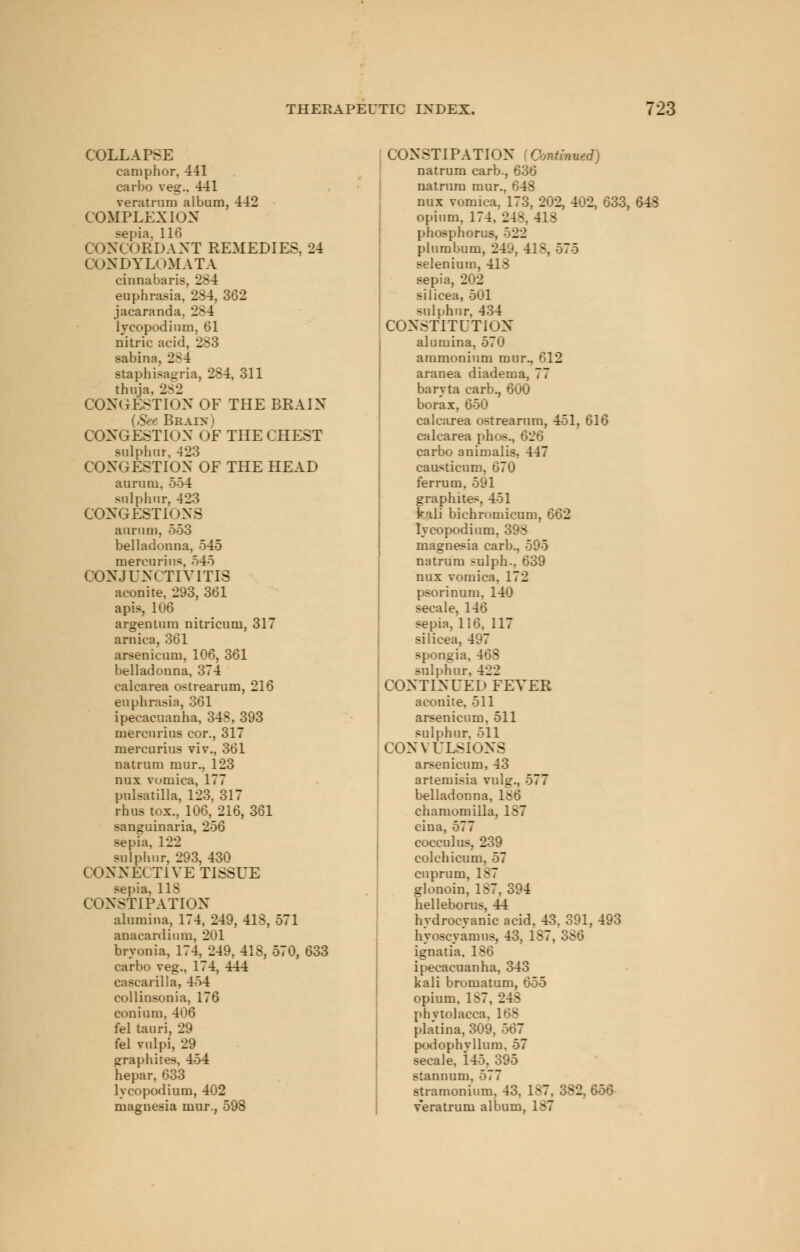 COLLAPSE camphor. 441 carbo veg.. 441 veratrnra album, 442 COMPLEXION sepia. 116 CONCORDANT REMEDIES. 24 CONDYLOMATA cinnabaris, 284 euphrasia, 284, 362 jacaranda. 2^4 lyeopodium, 61 nitric acid, 283 sabinn. 2V4 staphisagria, 284, 311 thuja. 2^2 CONGESTION OE THE BRAIN {See Brain CONGESTION OF THE CHEST sulphur. 423 CONGESTION OE THE HEAD aurum, 554 sulphur, 423 CONGESTIONS aunim, 553 belladonna, 545 mercurius, 545 CONJUNCTIVITIS aconite, 293, 361 apis, 106 argentum nitricum, 317 arnica, 361 arsenicnm, 106, 361 belladonna, 374 calcarea ostrearum, 216 euphrasia, 361 ipecacuanha. 34S, 393 mercurius cor., 317 mercurius viv., 361 natrum mur., 123 mix vomica. 177 Pulsatilla, 123, 317 rhus tox., 106, 216, 361 sanguinaria, 256 sepia. 122 sulphur, 293, 430 CONNECTIVE TISSUE sepia, 118 CONSTIPATION alumina. 174. 249, 418, 571 anacardinm. 201 bryonia, 174, 249. 418, 570, 633 carbo veg., 174, 444 cascaiilla, 454 collinsonia, 176 conium, 406 fel tauri, 29 fel vnlpi, 29 graphites, 454 hepar, 633 lvcopodium, 402 magnesia mur., 598 CONSTIPATION Continued) natrum carb., 636 natrum mur., 648 mix vomica, 173, 202, 402, 633, 648 opium, 174, 24^. 41S phosphorus, 522 plumbum, 249, 418, 575 selenium, 418 sepia, 202 silicea, 501 sulphur. 434 CONSTITUTION alumina, 570 ammonium mur., 612 aranea diadema, 77 baryta carb., 600 borax, 650 calcarea ostrearum, 451, 616 calcarea phos., 626 carbo animalis, 447 causticum, 670 ferrum, 591 graphites, 451 kali bichromicum, 662 lvcopodium, 398 magnesia carb., 595 natrum -ulph., 639 mix vomica. 172 psorinum. 140 secale, 146 sepia, 116, 117 silicea, 497 spongia, 468 sulphur. 422 CONTINUED FEVER aconite, 511 arsenicnm, 511 sulphur, 511 CONVULSIONS arsenicnm, 43 artemisia vulg., 577 belladonna. 186 chamomilla, 187 cina, 577 cocculus, 239 colchicum, 57 cuprum. 187 glonoin. 1S7. 394 helleborus, 44 hydrocyanic acid. 43, 391, 493 hyoscyamus, 43, 187, 3S6 ignatia. 186 ipecacuanha, 343 kali bromatum, 65o opium. 1^7, 24S Phytolacca. 168 platina. 309. 567 podophyllum. 57 secale, 145, 395 stannum. 577 stramonium. 43. 1^7. 382, 656 veratrum albun, -