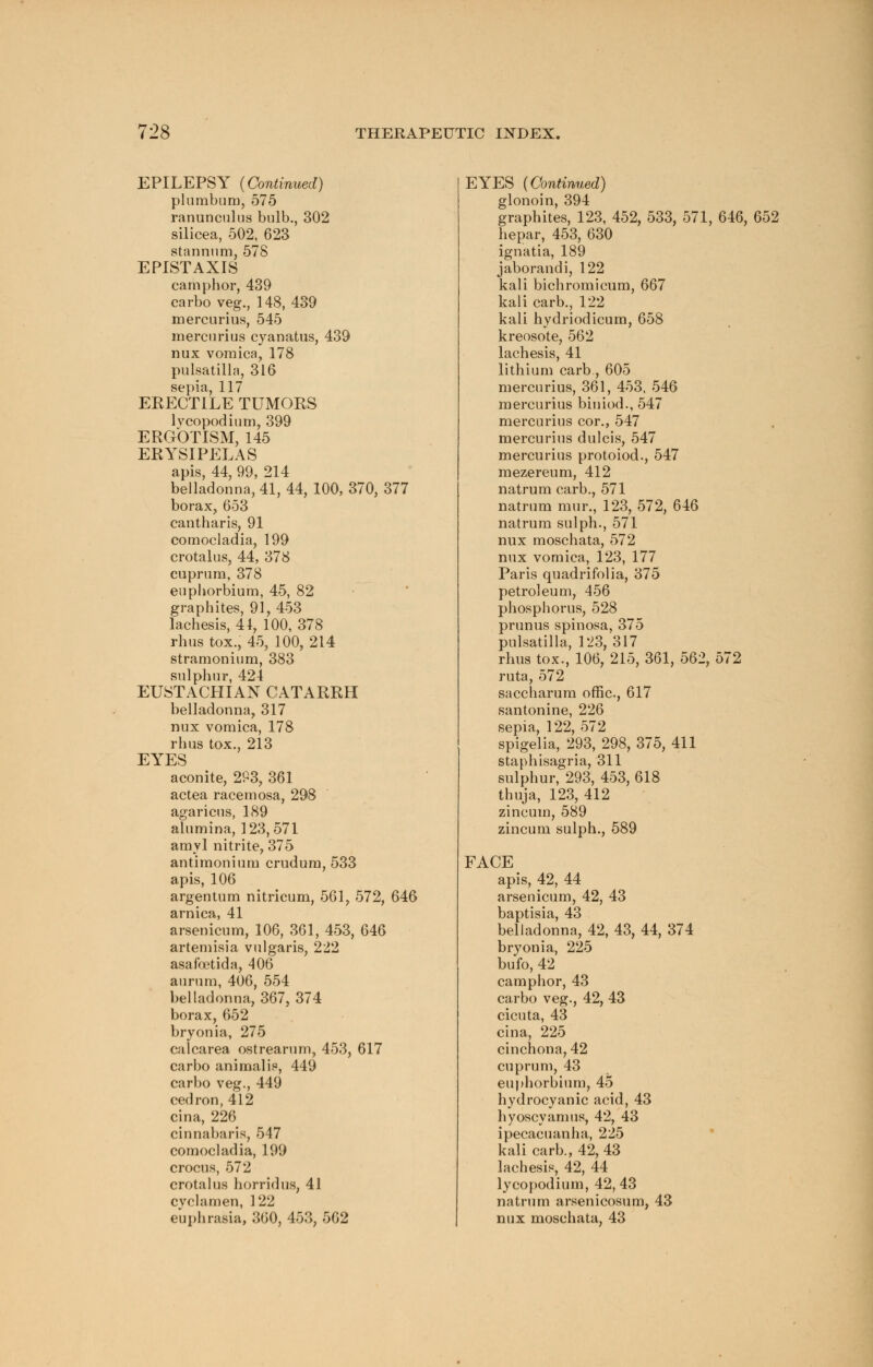 EPILEPSY (Continued) plumbum, 575 ranunculus bulb., 302 silicea, 502, 623 stannum, 578 EPISTAXIS camphor, 439 carbo veg., 148, 439 mercurius, 545 mercurius cyanatus, 439 nux vomica, 178 Pulsatilla, 316 sepia, 117 ERECTILE TUMORS lvcopodium, 399 ERGOTISM, 145 ERYSIPELAS apis, 44, 99, 214 belladonna, 41, 44, 100, 370, 377 borax, 653 cantharis, 91 comocladia, 199 crotalus, 44, 378 cuprum, 378 euphorbium, 45, 82 graphites, 91, 453 lachesis, 41, 100, 378 rhus tox., 45, 100, 214 stramonium, 383 sulphur, 424 EUSTACHIAN CATARRH belladonna, 317 nux vomica, 178 rhus tox., 213 EYES aconite, 2P3, 361 actea racemosa, 298 agaricus, 189 alumina, 123,571 amyl nitrite, 375 antimonium crudum, 533 apis, 106 argentum nitricum, 561, 572, 646 arnica, 41 arsenicum, 106, 361, 453, 646 artemisia vulgaris, 222 asafoetida, 406 aurum, 406, 554 belladonna, 367, 374 borax, 652 bryonia, 275 calcarea ostrearum, 453, 617 carbo animalis, 449 carbo veg., 449 cedron, 412 cina, 226 cinnabaris, 547 comocladia, 199 crocus, 572 crotalus horrid us, 41 cyclamen, 122 eiiphrasia, 360, 453, 562 EYES (Continued) glonoin, 394 graphites, 123, 452, 533, 571, 646, 652 hepar, 453, 630 ignatia, 189 jaborandi, 122 kali bichromicum, 667 kali carb., 122 kali hydriodicum, 658 kreosote, 562 lachesis, 41 lithium carb., 605 mercurius, 361, 453, 546 mercurius biniod., 547 mercurius cor., 547 mercurius dulcis, 547 mercurius protoiod., 547 mezereum, 412 natrum carb., 571 natrum mur., 123, 572, 646 natrum sulph., 571 nux moschata, 572 nux vomica, 123, 177 Paris quadrifolia, 375 petroleum, 456 phosphorus, 528 prunus spinosa, 375 Pulsatilla, 123, 317 rhus tox., 106, 215, 361, 562, 572 ruta, 572 saccharum offic, 617 santonine, 226 sepia, 122, 572 spigelia, 293, 298, 375, 411 staphisagria, 311 sulphur, 293, 453, 618 thuja, 123, 412 zincum, 589 zincum sulph., 589 FACE apis, 42, 44 arsenicum, 42, 43 baptisia, 43 belladonna, 42, 43, 44, 374 bryonia, 225 bufo, 42 camphor, 43 carbo veg., 42, 43 cicuta, 43 cina, 225 cinchona, 42 cuprum, 43 euphorbium, 45 hydrocyanic acid, 43 hyoscyamus, 42, 43 ipecacuanha, 225 kali carb., 42, 43 lachesis, 42, 44 lycopodium, 42, 43 natrum arsenicosum, 43 nux moschata, 43