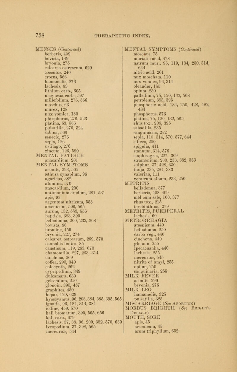 MENSES (Continued) berberis, 409 bovista, 149 bryonia, 275 calcarea ostrearum, 620 cocculus, 240 crocus, 566 hamamelis, 276 lachesis, 63 lithium carb., 605 magnesia carb., 597 millefolium, 276, 566 moschus, 63 mu rex, 128 mix vomica, 180 phosphorus, 276, 523 platina, 63, 566 Pulsatilla, 276, 324 sabina, 566 senecio, 276 sepia, 126 ustilago, 276 zincura, 126, 590 MENTAL FATIGUE anacardium, 201 MENTAL SYMPTOMS aconite, 293, 565 sethusa cynapium, 96 agaricus, 382 alumina, 570 anacardium, 200 antimonium crudum, 281, 531 apis, 93 argentum nitricum, 558 arsenicum, 506, 565 aurum, 132, 553, 556 baptisia, 383, 395 belladonna, 200, 233, 268 bovista, 96 bromine, 459 bryonia, 227, 274 calcarea ostrearum, 269, 570 cannabis indica, 85 causticum, 119, 263, 670 chamomilla, 227, 263, 314 cinchona, 269 coffea, 293, 349 colocynth, 262 cypripedium, 349 dulcamara, 630 gelsemium, 2>0 glonoin, 395, 457 graphites, 450 hepar, 120, 629 hyoscyamus, 96, 208,384, 385, 395, 565 ignatia, 96, 184, 314, 384 iodine, 459, 570 kali bromatum, 395, 565, 656 kali carb., 679 lachesis, 37, 38, 96, 200, 382, 570, 630 lycopodium, 37, 398, 565 mercurius, 544 MENTAL SYMPTOMS (Continued) moschus, 75 muriatic acid, 478 natrum mur., 96, 119, 134, 250, 314, 644 nitric acid, 201 nux moschata, 110 nux vomica, 96, 314 oleander, 155 opium, 250 palladium, 75, 120, 132, 568 petroleum, 383, 395 phosphoric acid, 184, 250, 428, 482, 484 phosphorus, 576 platina, 75, 120, 132, 565 rhus tox., 208, 395 sabadilla, 235 sanguinaria, 252 sepia, 118, 314, 570, 577, 644 silicea, 250 spigelia, 411 stannum,314, 576 staphisagria, 227, 309 stramonium, 200, 233, 382, 383 sulphur, 37, 428, 630 thuja, 235, 281, 383 valerian, 111 veratrum album, 233, 250 METRITIS belladonna, 377 berberis, 408, 409 mel cum sale, 100, 377 rhus tox., 215 terebinthina, 279 METRITIS, PUERPERAL lachesis, 60 METRORRHAGIA arsenicum, 440 belladonna, 250 carbo veg., 440 cinchona, 440 glonoin, 255 ipecacuanha, 440 lachesis, 255 mercurius, 545 nitrite of amy], 255 opium, 250 sanguinaria, 255 MILK FEVER aconite, 296 bryonia, 276 MILK LEG hamamelis, 325 Pulsatilla, 325 MISCARRIAGE (See Abortion) MORBUS BRIGHTII {See Bright's Disease) MOUTH, SORE apis, 45 arsenicum, 45 arum triphyllum, 652