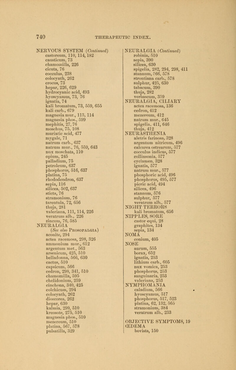 NERVOUS SYSTEM (Continued) castoreum, 110, 114, 182 causticum, 73 chamomilla, 226 cicuta, 76 cocculus, 238 colocynth, 262 crocus, 73 hepar, 226, 629 hydrocyanic acid, 493 hyoscyamus, 73, 76 ignatia, 74 kali brornatum, 73, 559, 655 kali carb., 679 magnesia mur., 113, 114 magnesia phos., 599 mephitis, 27, 76 moschus, 75, 108 muriatic acid, 477 my gale, 71 natrum carb., 637 natrnm mur., 76, 559, 643 mix moschata, 110 opium, 245 palladium, 75 petroleum, 637 phosphorus, 516, 637 platina, 75 rhododendron, 637 sepia, 116 silicea, 502, 637 sticta, 76 stramonium, 76 tarentula, 72, 656 thuja, 281 Valeriana, 111, 114, 226 veratrum alb., 226 zincum, 76, 585 NEURALGIA (See also Prosopalgia) aconite, 294 actea racemosa, 298, 326 ammonium mur., 612 argentum met., 563 arsenicum, 425, 510 belladonna, 566, 630 cactus, 510 capsicum, 566 cedron, 298, 341, 510 chamomilla, 595 chelidonium, 259 cinchona, 340, 425 colchicum, 294 colocynth, 262 dioscorea, 262 hepar, 630 kalmia, 299, 510 kreosote, 275, 510 magnesia pirns., 510 mezereum, 510 platina, 567, 578 Pulsatilla, 329 NEURALGIA (Continued) robinia, 510 sepia, 390 silicea, 630 spigelia, 282, 294, 298, 411 stannum, 566, 578 strontiana carb., 578 sulphur, 425, 630 tabacum, 390 thuja, 282 verbascum, 359 NEURALGIA, CILIARY actea racemosa, 136 cedron,412 mezereum, 412 natrum mur., 645 spigelia, 411, 646 thuja, 412 NEURASTHENIA aletris farinosa, 328 argentum nitricum, 496 calcarea ostrearum, 577 cocculus indicus, 577 collinsonia, 577 cyclamen, 328 ignatia, 577 natrum mur., 577 phosphoric acid, 496 phosphorus, 495, 577 picric acid, 494 silicea, 496 stannum, 576 sulphur, 577 veratrum alb., 577 NIGHT TERRORS kali brornatum, 656 NIPPLES, SORE castor equi, 28 graphites, 134 sepia, 134 NOMA conium, 405 NOSE aurum, 555 borax, 652 ignatia, 253 lithium carb., 605 nux vomica, 253 phosphorus, 253 sanguinaria, 253 Valeriana, 253 NYMPLIOMANIA caladium, 566 hyoscyamus, 517 phosphorus, 517, 523 platina, 62, 132, 565 stramonium, 384 veratrum alb., 233 OBJECTIVE SYMPTOMS, 19 CEDEMA bovista, 150