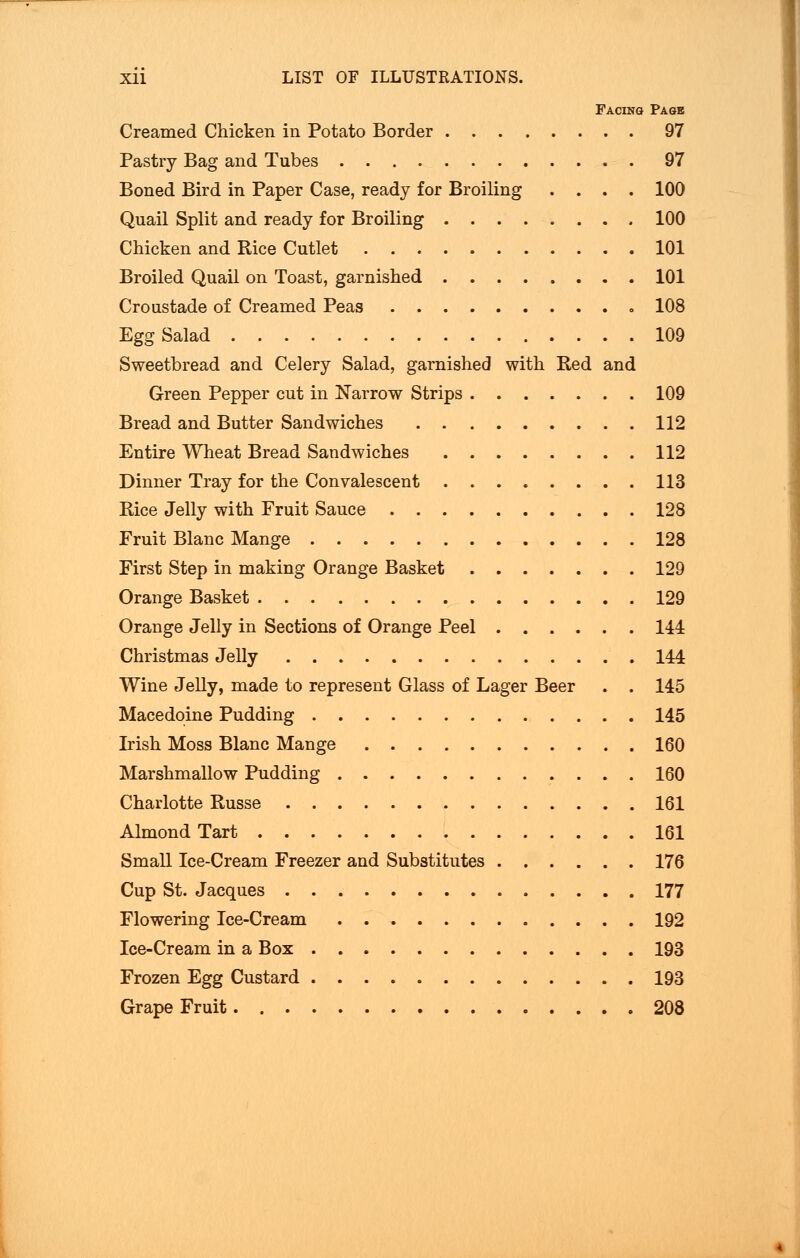 Facing Page Creamed Chicken in Potato Border 97 Pastry Bag and Tubes 97 Boned Bird in Paper Case, ready for Broiling .... 100 Quail Split and ready for Broiling 100 Chicken and Rice Cutlet 101 Broiled Quail on Toast, garnished 101 Croustade of Creamed Peas 108 Egg Salad 109 Sweetbread and Celery Salad, garnished with Red and Green Pepper cut in Narrow Strips 109 Bread and Butter Sandwiches 112 Entire Wheat Bread Sandwiches 112 Dinner Tray for the Convalescent 113 Rice Jelly with Fruit Sauce 128 Fruit Blanc Mange 128 First Step in making Orange Basket 129 Orange Basket 129 Orange Jelly in Sections of Orange Peel 144 Christmas Jelly 144 Wine Jelly, made to represent Glass of Lager Beer . . 145 Macedoine Pudding 145 Irish Moss Blanc Mange 160 Marshmallow Pudding 160 Charlotte Russe 161 Almond Tart 161 Small Ice-Cream Freezer and Substitutes 176 Cup St. Jacques 177 Flowering Ice-Cream 192 Ice-Cream in a Box 193 Frozen Egg Custard 193 Grape Fruit 208