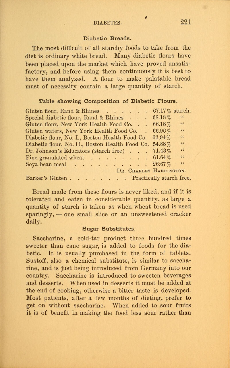 Diabetic Breads. The most difficult of all starchy foods to take from the diet is ordinary white bread. Many diabetic flours have been placed upon the market which have proved unsatis- factory, and before using them continuously it is best to have them analyzed. A flour to make palatable bread must of necessity contain a large quantity of starch. Table showing Composition of Diabetic Flours. Gluten flour, Rand & Rhines 67.17% starch. Special diabetic flour, Rand & Rhines . . . 68.18%  Gluten flour, New York Health Food Co. . . 66.18%  Gluten wafers, New York Health Food Co. . 66.96%  Diabetic flour, No. I., Boston Health Food Co. 62.94% Diabetic flour, No. II., Boston Health Food Co. 54.88%  Dr. Johnson's Educators (starch free) . . . 71.43%  Fine granulated wheat 61.64%  Soya bean meal 26:67%  Dr. Charles Harrington. Barker's Gluten Practically starch free. Bread made from these flours is never liked, and if it is tolerated and eaten in considerable quantity, as large a quantity of starch is taken as when wheat bread is used sparingly, — one small slice or an unsweetened cracker daily. Sugar Substitutes. Saccharine, a cold-tar product three hundred times sweeter than cane sugar, is added to foods for the dia- betic. It is usually purchased in the form of tablets. Slistoff, also a chemical substitute, is similar to saccha- rine, and is just being introduced from Germany into our country. Saccharine is introduced to sweeten beverages and desserts. When used in desserts it must be added at the end of cooking, otherwise a bitter taste is developed. Most patients, after a few months of dieting, prefer to get on without saccharine. When added to sour fruits it is of benefit in making the food less sour rather than