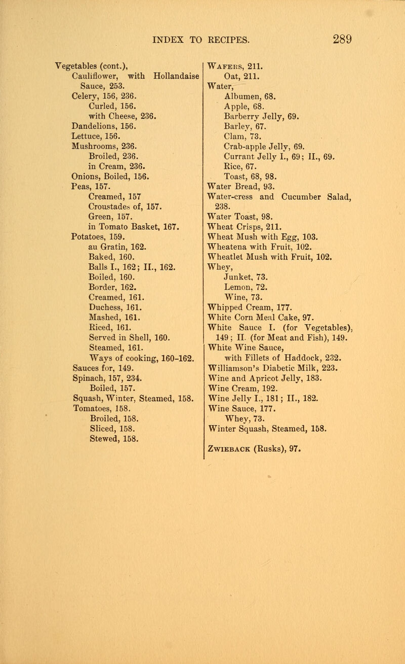 Vegetables (cont.), Cauliflower, with Hollandaise Sauce, 253. Celery, 156, 236. Curled, 156. with Cheese, 236. Dandelions, 156. Lettuce, 156. Mushrooms, 236. Broiled, 236. in Cream, 236. Onions, Boiled, 156. Peas, 157. Creamed, 157 Croustades of, 157. Green, 157. in Tomato Basket, 167. Potatoes, 159. au Gratin, 162. Baked, 160. Balls L, 162; II., 162. Boiled, 160. Border, 162. Creamed, 161. Duchess, 161. Mashed, 161. Riced, 161. Served in Shell, 160. Steamed, 161. Ways of cooking, 160-162. Sauces for, 149. Spinach, 157, 234. Boiled, 157. Squash, Winter, Steamed, 158. Tomatoes, 158. Broiled, 158. Sliced, 158. Stewed, 158. Wafers, 211. Oat, 211. Water, Albumen, 68. Apple, 68. Barberry Jelly, 69. Barley, 67. Clam* 73. Crab-apple Jelly, 69. Currant Jelly L, 69; II., 69. Bice, 67. Toast, 68, 98. Water Bread, 93. Water-cress and Cucumber Salad, 238. Water Toast, 98. Wheat Crisps, 211. Wheat Mush with Egg, 103. Wheatena with Fruit, 102. Wheatlet Mush with Fruit, 102. Whey, Junket, 73. Lemon, 72. Wine, 73. Whipped Cream, 177. White Corn Meal Cake, 97. White Sauce I. (for Vegetables), 149 ; IL (for Meat and Fish), 149. White Wine Sauce, with Fillets of Haddock, 232. Williamson's Diabetic Milk, 223. Wine and Apricot Jelly, 183. Wine Cream, 192. Wine Jelly L, 181; IL, 182. Wine Sauce, 177. Whey, 73. Winter Squash, Steamed, 158. Zwieback (Rusks), 97.