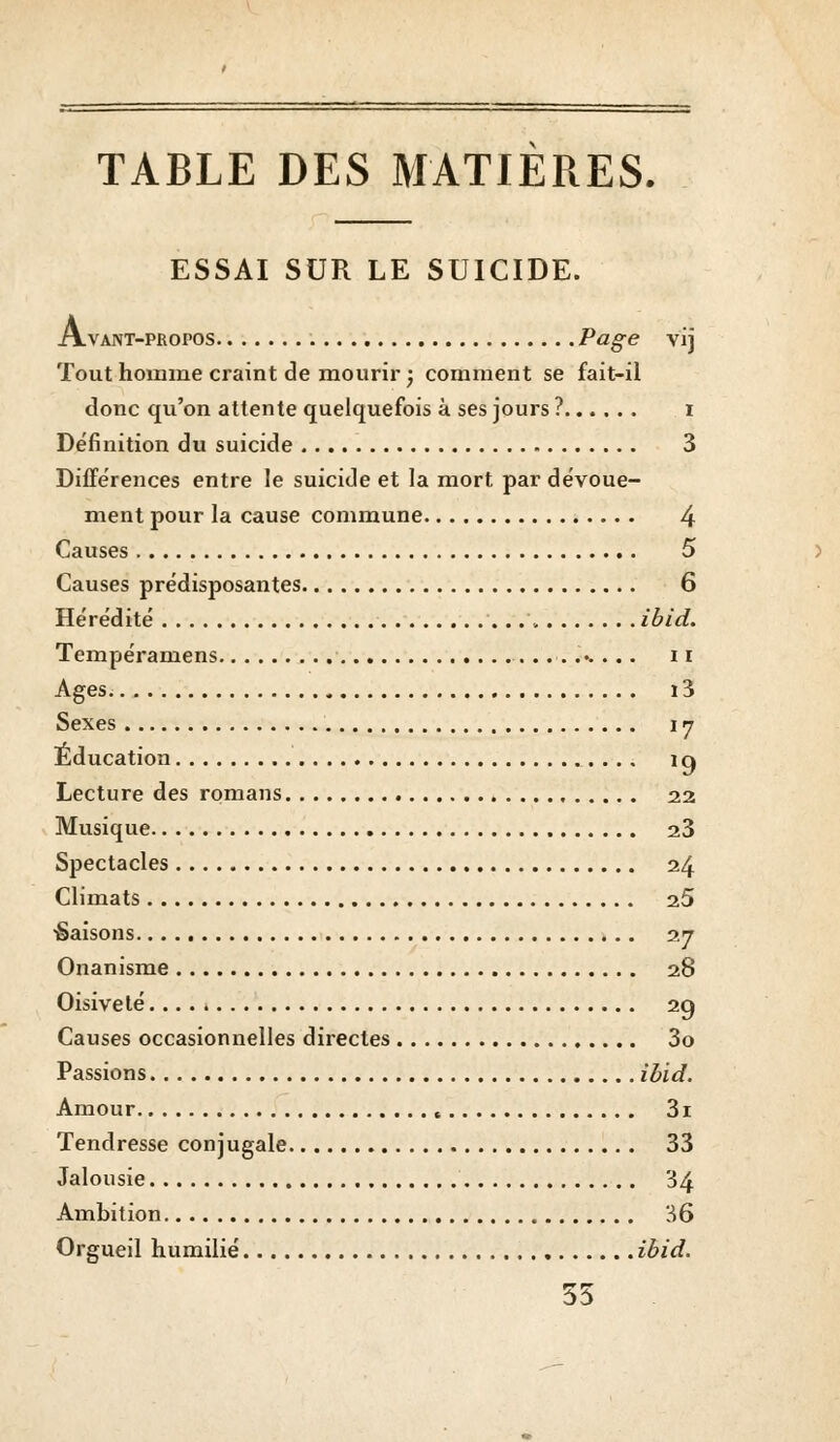 TABLE DES MATIERES. ESSAI SUR LE SUICIDE. Avant-propos Page vij Tout homme craint de mourir ; comment se fait-il donc qu'on attente quelquefois à ses jours ? i Définition du suicide 3 Différences entre le suicide et la mort par dévoue- ment pour la cause commune 4 Causes 5 Causes prédisposantes 6 Hérédité '...*. ibid. Tempéramens 11 Ages 13 Sexes \rj Éducation i q Lecture des romans 22 Musique 23 Spectacles 24 Climats 2,5 ■Saisons 27 Onanisme 28 Oisiveté 29 Causes occasionnelles directes 3o Passions ibid. Amour 3i Tendresse conjugale 33 Jalousie 34 Ambition 36 Orgueil humilié ibid. 35