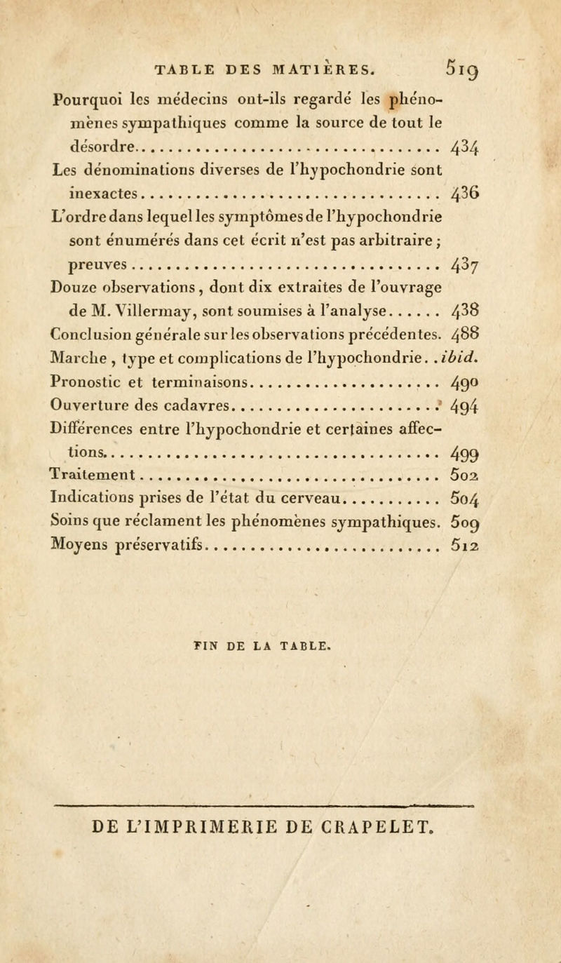 Pourquoi les médecins ont-ils regardé les phéno- mènes sympathiques comme la source de tout le désordre 4^4 Les dénominations diverses de l'hypochondrie sont inexactes 4^6 L'ordre dans lequel les symptômes de l'hypochond rie sont énumérés dans cet écrit n'est pas arbitraire ; preuves 4^7 Douze observations, dont dix extraites de l'ouvrage de M. Villermay, sont soumises à l'analyse /t3S Conclusion générale sur les observations précédentes. 488 Marche , type et complications de l'hypochondrie. . ibid. Pronostic et terminaisons 49° Ouverture des cadavres ' 494 Différences entre l'hypochondrie et certaines affec- tions 499 Traitement 5o2 Indications prises de l'état du cerveau 5o4 Soins que réclament les phénomènes sympathiques. 5oq Moyens préservatifs 5i2 FIN DE LA TABLE. DE L'IMPRIMERIE DE CRAPELET.