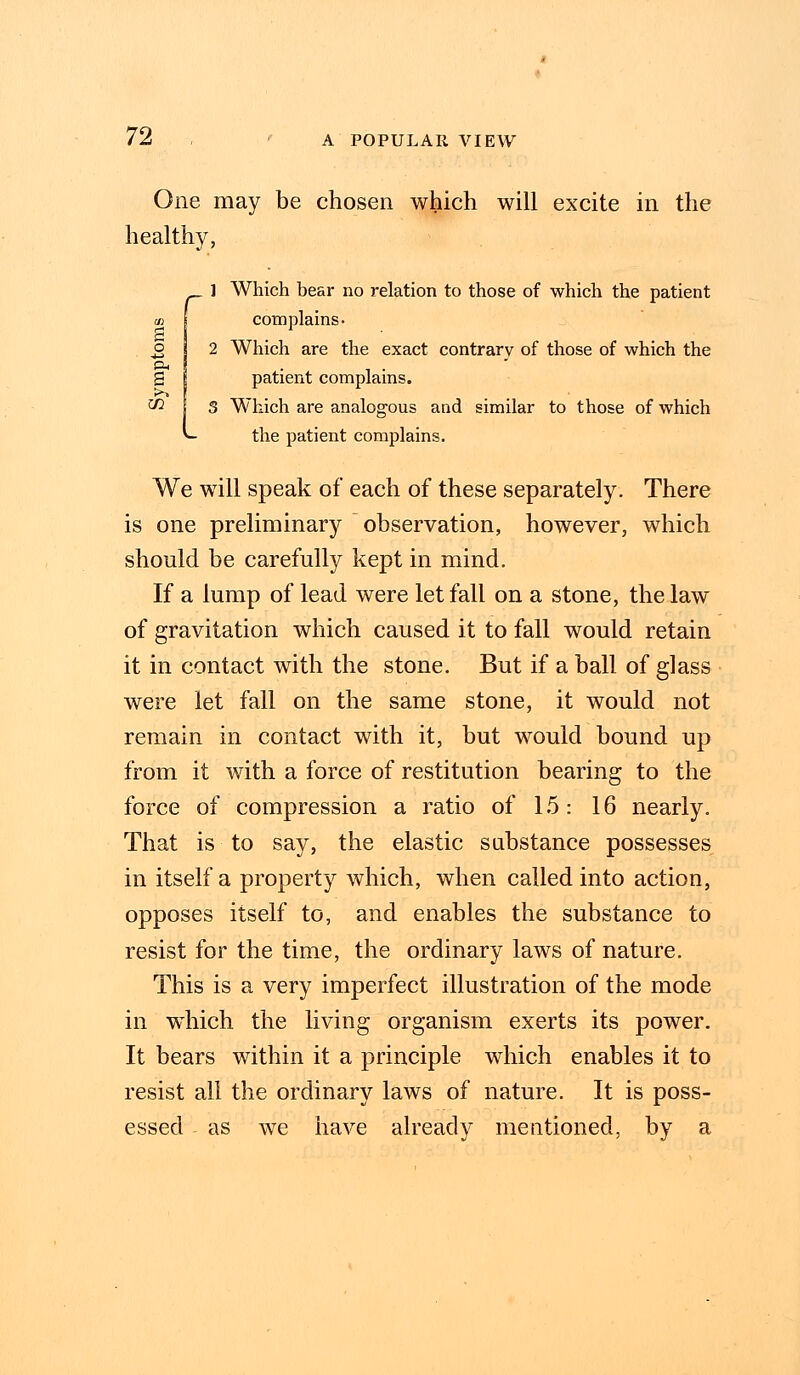 a. o Pi 72 , A POPULAR VIEW One may be chosen which will excite in the healthy, 1 Which bear no relation to those of which the patient complains. 2 Which are the exact contrary of those of which the patient complains. 02 I 5 Which are analogous and similar to those of which the patient complains. We will speak of each of these separately. There is one preliminary observation, however, which should be carefully kept in mind. If a lump of lead were let fall on a stone, the law of gravitation which caused it to fall would retain it in contact with the stone. But if a ball of glass were let fall on the same stone, it would not remain in contact with it, but would bound up from it with a force of restitution bearing to the force of compression a ratio of 15: 16 nearly. That is to say, the elastic substance possesses in itself a property which, when called into action, opposes itself to, and enables the substance to resist for the time, the ordinary laws of nature. This is a very imperfect illustration of the mode in which the living organism exerts its power. It bears within it a principle which enables it to resist all the ordinary laws of nature. It is poss- essed as we have already mentioned, by a