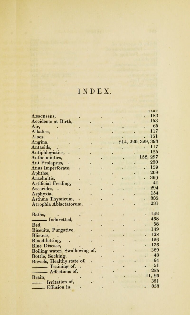 INDEX PAGE Abscesses, . 183 Accidents at Birth, 153 Air, . 65 Alkalies, 117 Aloes, . 151 Angina, . 214,320,329,393 Antacids, . 117 Antiphlogistics, . 125 Anthelmintics, 152, 297 Ani Prolapsus, . 250 Anus Imperforate, . 159 Aphtha?, 208 Arachnitis, . 369 Artificial Feeding, 41 Ascarides, . . 294 Asphyxia, 154 Asthma Thymicum, . . 335 Atrophia Ablactatorum, 231 Baths, . 142 Ioduretted, 468 Bed, . 58 Biscuits, Purgative, 149 Blisters, . 128 Blood-letting, 126 Blue Disease, . 176 Boiling water, Swallowing of, 329 Bottle, Sucking, 43 Bowels, Healthy state of, . 64 Training of, . 51 Affections of, 225 Brain, 11,20 Irritfl*^ °fj 351 ..- Effusion in, . 353