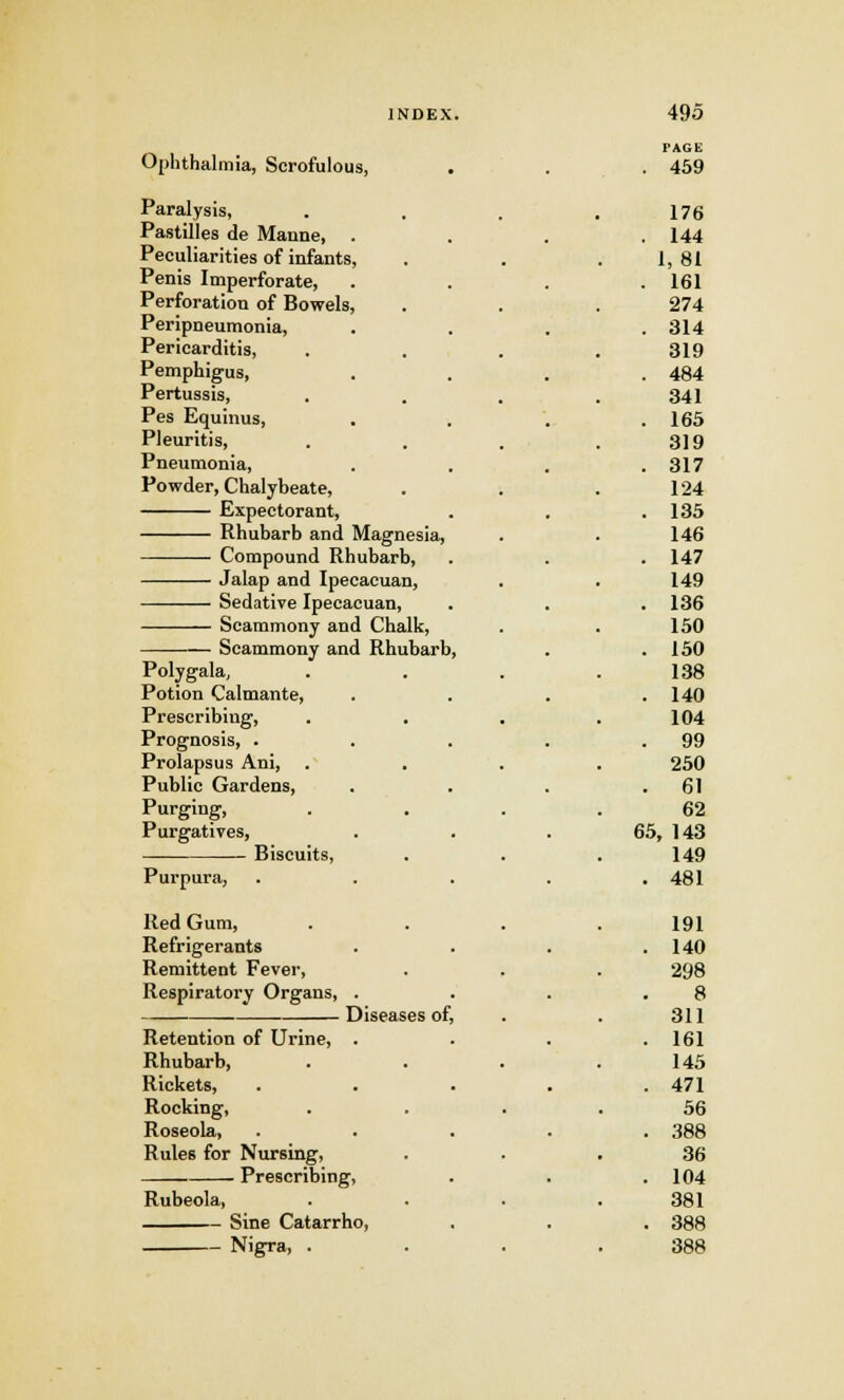 Ophthalmia, Scrofulous, Paralysis, Pastilles de Manne, . Peculiarities of infants, Penis Imperforate, Perforation of Bowels, Peripneumonia, Pericarditis, Pemphigus, Pertussis, Pes Equinus, Pleuritis, Pneumonia, Powder, Chalybeate, Expectorant, Rhubarb and Magnesia. Compound Rhubarb, Jalap and Ipecacuan, Sedative Ipecacuan, Scammony and Chalk, Scammony and Rhubarb. Polygala, Potion Calmante, Prescribing, Prognosis, . Prolapsus Ani, Public Gardens, Purging, Purgatives, Purpura, Biscuits, Red Gum, Refrigerants Remittent Fever, Respiratory Organs, Retention of Urine, Rhubarb, Rickets, Rocking, Roseola, Rules for Nursing, ■ Prescribing, Diseases of, Rubeola, Sine Catarrho, Nigra, . FACE . 459 176 . 144 1, 81 . 161 274 . 314 319 . 484 341 . 165 319 . 317 124 . 135 146 . 147 149 . 136 150 . 150 138 . 140 104 . 99 250 . 61 62 65, 143 149 . 481 191 . 140 298 8 311 . 161 145 . 471 56 . 388 36 . 104 381 . 388 388