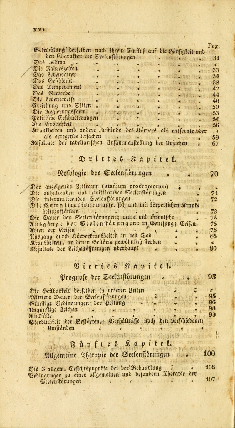 «Betrachtung bcrfctfccn nach Ünem 6fnfr«ß auf bic ^aufigfeit unb bcn (Si)aratter ber ©eelenfrcruiigen Saß .SUima „ . SJte Salu-cbjcitcn , < t £>a$ Sebcnöalter 3>ai («efcf)tetf)t. . ; Saö Temperament S)a8 ©eivevbc Sie ?e&en$tt>etfe . . (Sv^efuing unb bitten . . « Sic StegterungSfcsm «... ftölitifcljc ©rfcfiutterungcn . Sie ©rMicftfeit |&anff>«t«n unb anbere 3uftänbc bcS Jtocpcrß als entfernte Aber als erregenbe ttrfacben .... JRcfultate ber tßkllaufcfjcn 3fammcnftellung ber lltjacf)en Pag. 31 t 33 34 38 42 44 46 50 53 54 56 1 59 67 ©ritteS $ a p i t c f. ^ofölogtc fcec ©eelcnit&runacn . 4 70 Scr anjcigcnbe 3cttrttimi (Stadium prodromorum) i . s Sic anfyaltcnbcn tmb remittirenben ©eelcnfiorungcn . 71 2>ic tnt>enmtttwnben ©eclenftorungcn . .72 SicGerm»ltcationen unter fi cf> unb mit i orpcrltcfjcn Jtrcmf* ljcitö$uftanben .... .73 Sic Sauer ber ©eefenftotungen; acute unb cfjremfcne . 10- ÄüSgcVircje ber ©eelenftorungcn: tn ©enefung; Girifen 75 tfrtcrt ber Grifen . . ' ♦ . .76 ?C«$(iang burcl) ■ÄorperFranffHiteh in bcn Sob . . 85 «Rranfhet'tcn, an benen ©ejtorf» geivofcnlitf) fterben . . s JKefultate ber ficicfjenoffnungcn überhaupt . . «90 93 t c t t c $ Ä a p i t e I. 9?rocjnofe bec ©tttenftötuttflen « . Sie £cilbatfctt bcrfclben in ttnfcren 3«t«n i ; Mittlere Sauer ber ©cclenjlorungm i . . dWinfttg* ^cbingungen- ber Rettung - «• '•■'- Nngünftigc 3cicf)cn ...... JKüdffätlc . . • , ♦ ;,m ♦ ... • ©terblidifcit ber ©epotten. SSerfjattniffe «<irl) ben »erfcTjtebenctt Wmflanben ...... ■ fünftes Sattel. MQtmtm S^emptc bec ©eerentfotuncjett 93 95 ■96 93 9* 100 106 Sic 3 atTgem. ©eftcljtepupnftc bei ber 93cF)anblung ^ '* . * SBebingungcn $u einer allgemeinen unb befonbern Stycrapi« ber (Seeleuftcrungen < . • < .107