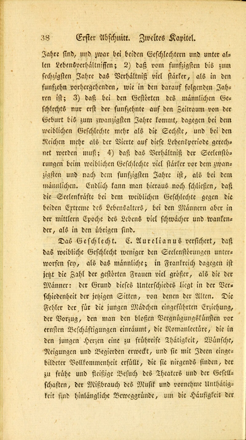 Safyvt flnb, unb jwar bei ktben ©efdjtcdjtcrn unb unter als (en SüebenSücrljältniffen; 2) fcaf5 »om funfjigjien bis jum fedw'gfren 3al;re ba§ SScrbdltniß üicl frdvfer, aU in beu funftelm »orbergebenben, wie in ben barauf folgerten Soljs ren ift; 3) bat; &ci ben ©eftorten bcS männlichen ©es ftf)lcd;tS nur erfl: ber funfjel)nte auf btn Seitraum von bei* öeburt bi$ jum -.wanjjigftcn Jaljre fommt, baaenen bei bem weiblichen ©efd;lcd)te mebr al$ bic <Scd)flc, unb bei ben JReidjcn mcl)r cttö ber Vierte auf biefe SebenSpcriobe gcred)* net werben muß; 4) bag baö 23crl)dltniß ber ©eclenftos rungen beim weiblichen ©cfcMcdjtc viel ftdrfcr vor bem jwans jigilcn unb nad) bem funftigflen S^brc tjt, als bei bem männlichen, ßnblid) fann man fyicrauS nodj f^tteperi, ba$ hk ©eelcnfrdfte bei bem weiblichen G3cfd)lccbte gegen tk betben (Sytrcmc beö Sc&en§alter§, bü ben Scannern aber in ber mittlem dpodje be£ £cben$ fiel fd;wdd;cr unb wanfen* ber, aB in ben übrigen ftnb. &tö öefdjledjt S* 2lurclianu$ vcrftd;crt, baß ba§ weibliche ©efcljlcdjt wenig« ben ©eclcnftorunacn unters werfen fet), alS baS mdnnlid;e; in ft-ranfreid; bagegen tft jefct bie S^bl *>et öefterten grauen viel gröfjet, als» btc ber Banner: ber örunb bicfcS Untcrfd;iebc$ liegt in ber 53er* fd;iebent)eit ber jefcigen ©itten, von benen ber Stftcn, £>ie ftebfer ber t für bie jungen üDidbdjen eingeführten (Srjictyung, ber 5?or*,ug, ben man ben bloßen 3>ergnügungSf'ünftcn vor ernfien 33efd)dftigungen einräumt, bie Siomanfcctürc, tk in ben jungen Jgjcrjen eine ju frühreife Sl)dtigfcit, fB&rifät, Neigungen unb Regierten erwctf't, unb fie mit 3bccn cinges bilbeter 9?oflfommen|ett crfüflt, tk fte nirgcnbS ftnben, ber gu früfyc unb fleißige 33efud> be$ SfjeatcrS unb ber G3efctf= fdjaften; ber 9Jiif,braud) bcS üttutff unb vornebme Untl)dttg= feit finb l)in(dng(id)e Scwcggrünbc, um i>k £duftgfcit ber