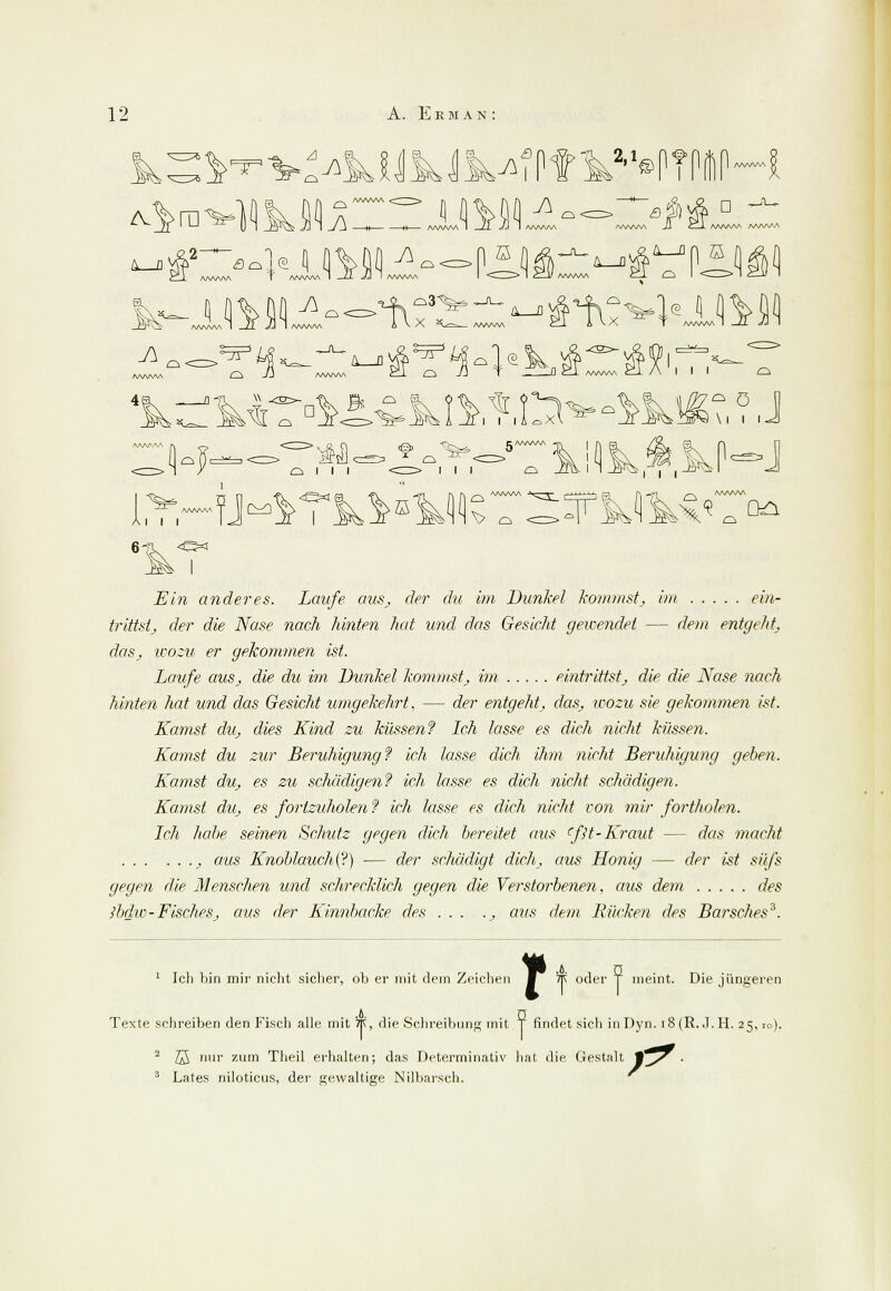 . AAA^W> AAA/\^A )-* 1 A>WV\A T -VsAAAA 1 _Z1 */J I /WW\A I <—-> I C—l! AAWM £_J. £3 I <-_-> I £—»- ■ I I I 4|^-J^4^G^ft^|.?V^.?nl^^^ «^°ö III I I I I Ein anderes. Laufe aus, der du im Dunkel kommst, im ein- trittst, der die Nase nach hinten hat und das Gesicht gewendet — dem entgeht, das, wozu er gekommen ist. Laufe aus, die du im Dunkel kommst, im eintrittst, die die Nase nach hinten hat und das Gesicht umgekehrt, — der entgeht, das, wozu sie gekommen ist. Kamst du, dies Kind zu küssen? Ich lasse es dich nicht küssen. Kamst du zur Beruhigung? ich lasse dich ihm nicht Beruhigung geben. Kamst du, es zu schädigen? ich lasse es dich nicht schädigen. Kamst du, es fortzuholen? ich lasse es dich nicht von mir fortholen. Ich hohe seinen Schutz gegen dich bereitet aus cßt- Kraut — das macht , aus Knoblauch (?) — der schädigt dich, aus Honig — der ist säfs gegen die Menschen und schrecklich gegen die Verstorbenen, aus dem des ibdw-Fisches, aus der Kinnbacke des ..... aus dem Rücken des Barsches3. r 7|< oder ¥ meint. Di 1 Ich bin mir nicht sicher, ob er mit dem Zeichen ] Ä oder ¥ meint. Die jüngeren Texte sehreiben den Fisch alle mit 7|\, die Schreibung mit ¥ findet sich inDyn. i8(R..l.H. 25,10). 2 55 llr zum Theil erhalten; das Determinativ hat die Gestalt J^7 • 3 Lates niloticus, der gewaltige Nilbarsch.