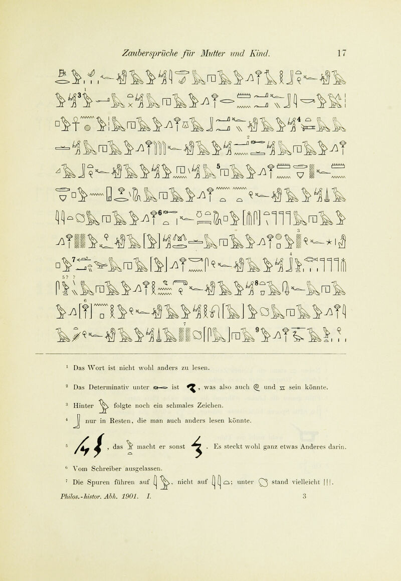 i i i i 4 wü$^^ a ^ x*flWra 7^ w »M'ZW^W^l w 4 o 1W. I Äral^TIIKAMZ^Äral^ §■ D 0. -OVra M/n vkra <^6 Ö^ ;>7<1i^|^ra1^[ 'v\ J\ §>■ SkUI' _/A i o aaaaaa o /WWV\ /VWW\ —Vra ^ra A llofpklraV^TS:^ 9 i i i Das Wort ist nicht wühl anders zu lesen. 2 Das Determinativ unter **-=> ist *9 , was also auch (3 und s: sein könnte. 3 Hinter v\ folgte noch ein schmales Zeichen. * nur in Resten, die man auch anders lesen könnte. das j£ macht er sonst i Es steckt wohl ganz etwas Anderes darin. 0 Vom Schreiber ausgelassen 7 Die Spuren führen auf Philos.-histor.Abh. 1901. I. nicht auf (J l] d; unter Q stand vielleicht |||. 3