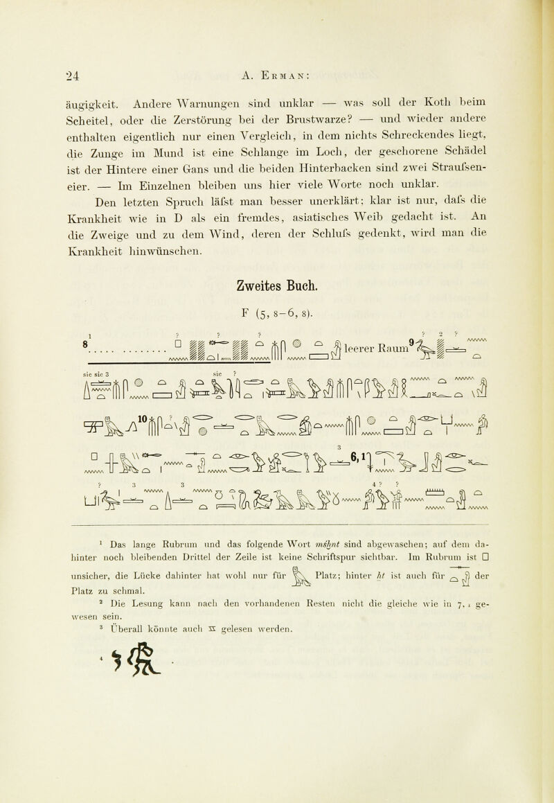 äugigkeit. Andere Warnungen sind unklar — was soll der Koth beim Scheitel, oder die Zerstörung bei der Brustwarze? — und wieder andere enthalten eigentlich nur einen Vergleich, in dem nichts Schreckendes liegt, die Zunge im Mund ist eine Schlange im Loch, der geschorene Schädel ist der Hintere einer Gans und die beiden Hinterbacken sind zwei Straufsen- eier. — Im Einzelnen bleiben uns hier viele Worte noch unklar. Den letzten Spruch läfst man besser unerklärt; klar ist nur, dafs die Krankheit wie in D als ein fremdes, asiatisches Weib gedacht ist. An die Zweige und zu dem Wind, deren der Schlufs gedenkt, wird man die Krankheit hinwünschen. Zweites Buch. F (5,8-6,3). sie sie 3 /WuW» W W 1—1 I M-v\\ VjC SVs AA/WVN I I I I AA/WV> leerer Kaum i«^ %^-^ ■1= m?i^&^%\ o I^J113 ■api^lR) W\MW ,~. /WWW .o \ r\ f\ £^ /WWW w £2i _Hr^ a/wwa £_!' 1111 /www u. ■* U O I ill ww^A M±, /WWV\ y-r £5 ö ~ 1 /WWW —/—T *<J /www ^ AU AVAV\ ill /WWW 1 Das lange Rubrum und das folgende Wort msfynt sind abgewaschen; auf dem da- hinter noch bleibenden Drittel der Zeile ist keine Schriftspur sichtbar. Im Rubrum ist G & der unsicher, die Lücke dahinter hat wohl nur für vN Platz; hinter hl ist auch füi Platz zu schmal. 2 Die Lesung kann nach den vorhandenen Resten nicht die gleiche wie in 7, 1 ge wesen sein. 3 Überall könnte auch s gelesen werden. *«.