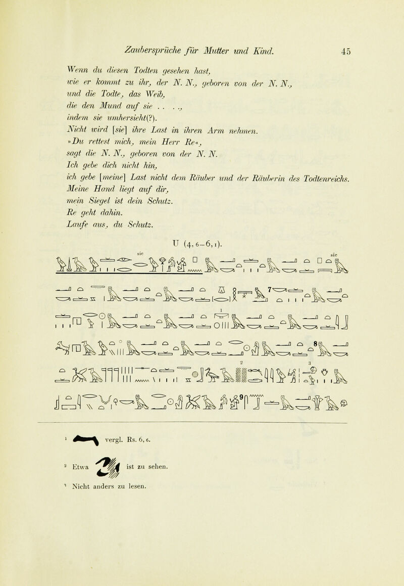 Wenn du diesen Todten gesehen hast; wie er kommt zu ihr, der N. N., geboren von der N. N., und die Todte, das Weib, die den Mund auf sie . . . ., indem sie umhersieht(?). Nicht wird [sie] ihre Last in ihren Arm nehmen. »Du rettest mich, mein Herr Re«, sagt die N. N., geboren von der N. N. Ich gebe dich nicht hin, ich gebe [meine] Last nicht dem Räuber und der Räuberin des Todtenreichs. Meine Hand liegt auf dir, mein Sieget ist dein Schutz. Re geht dahin. Laufe aus, du Schutz. U (4,6-6,1). 1 1 1 . _D o D c± iE I -fl d D % ?l o ffi -fl o fSP7! ^c-taOlll. ^ofv-'0 *— Ci, \\ Q \ 1 1 11 n O o ™U -fl o 8f ® vergl. Rs. 6,6. 2 Etwa Ajlf 1 Nicht anders zu lesen. ist zu sehen.