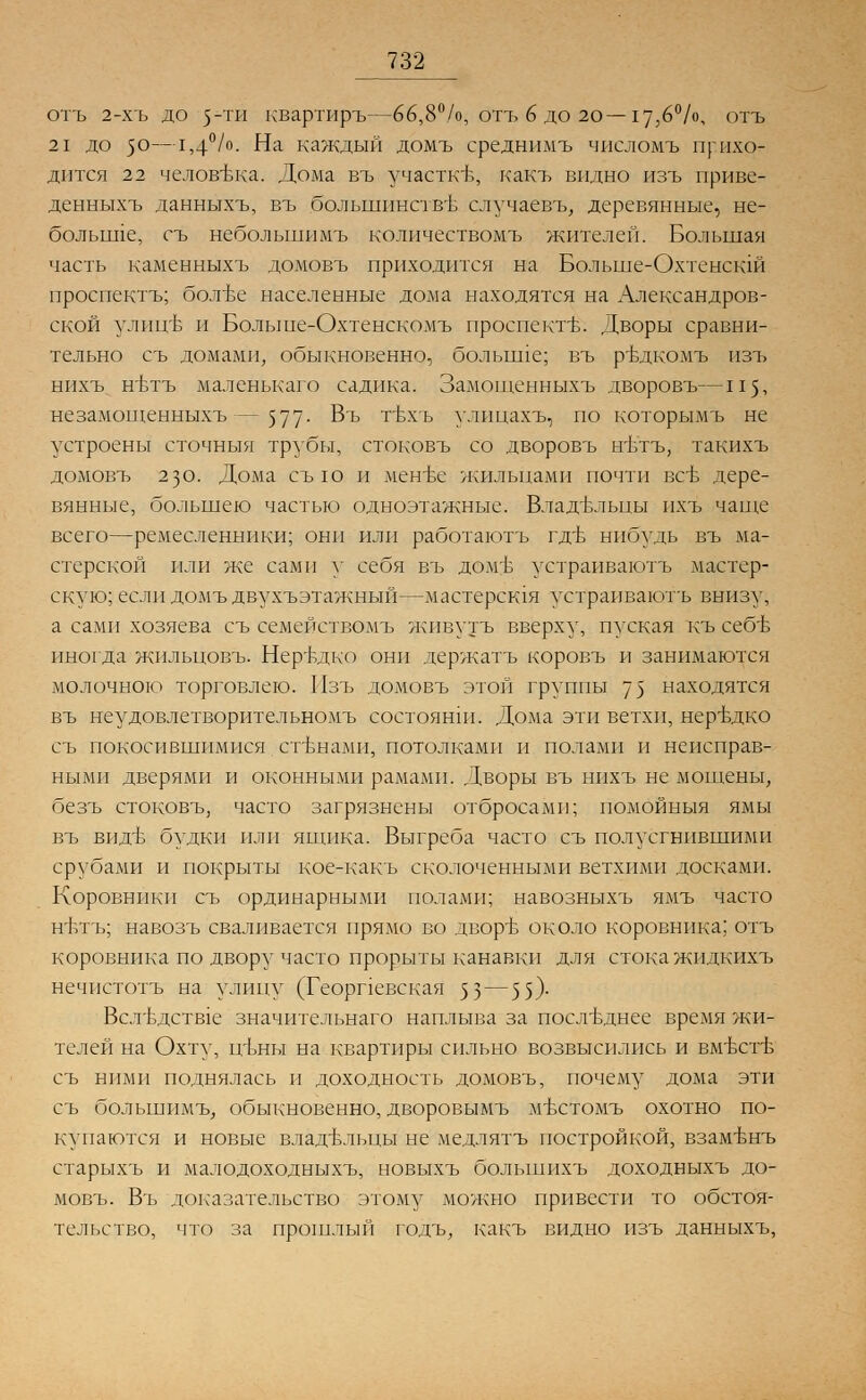 отъ 2-хъ до 5-ти квартиръ—66,8°/о, отъ 6 до 20—17,6%, отъ 21 до 5°—1Л°1°- -На каждый домъ среднимъ числомъ прихо- дится 22 человека. Дома въ участке, какъ видно нзъ приве- деныыхъ данныхъ, въ большиновъ случаевъ, деревянные, не- болыше, съ неболышшъ колпчествомъ жителей. Большая часть каменныхъ домовъ приходится на Болыие-Охтеыскш проспектъ; болъе населенные дома находятся на Александров- ской улицъ и Болыие-Охтенскомъ проспектъ. Дворы сравни- тельно съ домами, обыкновенно, болыше; въ ртвдкомъ изъ нихъ н'Ьтъ маленькаго садика. Замощенныхъ дворовъ—115, незамощенныхъ—577- Въ тъ\\ъ улицахъ, по которымъ не устроены сточныя трубы, стоковъ со дворовъ нътъ, такихъ домовъ 230. Дома съю и менъе жильцами почти всъ дере- вянные, большею частью одноэтажные. Владельцы пхъ чаще всего—ремесленники; они пли работаютъ гдъ нибудь въ ма- стерской пли же сами у себя въ домъ~ устраиваютъ мастер- скую; если домъ двухъэтажный—мастерская устраиваютъ внизу, а сами хозяева съ семействомъ жнвутъ вверху, пуская къ себъ иногда жильцовъ. Неръдко они держатъ коровъ и занимаются молочного торговлею. Пзъ домовъ этой группы 75 находятся въ неудовлетворительномъ состоянии Дома эти ветхи, неръдко съ покосившимися сгвнами, потолками и полами и неисправ- ными дверями и оконными рамами. Дворы въ нихъ не мощены, безъ стоковъ, часто загрязнены отбросами; помойныя ямы въ видъ будки пли ящика. Выгреба часто съ полусгнившими срубами и покрыты кое-какъ сколоченными ветхими досками. Коровники съ ординарными полами; навозныхъ ямъ часто н-втъ; навозъ сваливается прямо во дворъ- около коровника; отъ коровника по двору часто прорыты канавки для стока жидкихъ нечистотъ на улицу (Георпевская 5 3 — 5 5)- Вслъ\цств1е значительнаго наплыва за последнее время жи- телей на Охту, цъны на квартиры сильно возвысились и вмъстъ съ ними поднялась и доходность домовъ, почему дома эти съ большимъ, обыкновенно, дворовымъ мъттомъ охотно по- купаются и новые владельцы не медлятъ постройкой, взамънъ старыхъ и малодоходныхъ, новыхъ болыпихъ доходныхъ до- мовъ. Въ доказательство этому можно привести то обстоя- тельство, что за прошлый годъ, какъ видно изъ данныхъ,