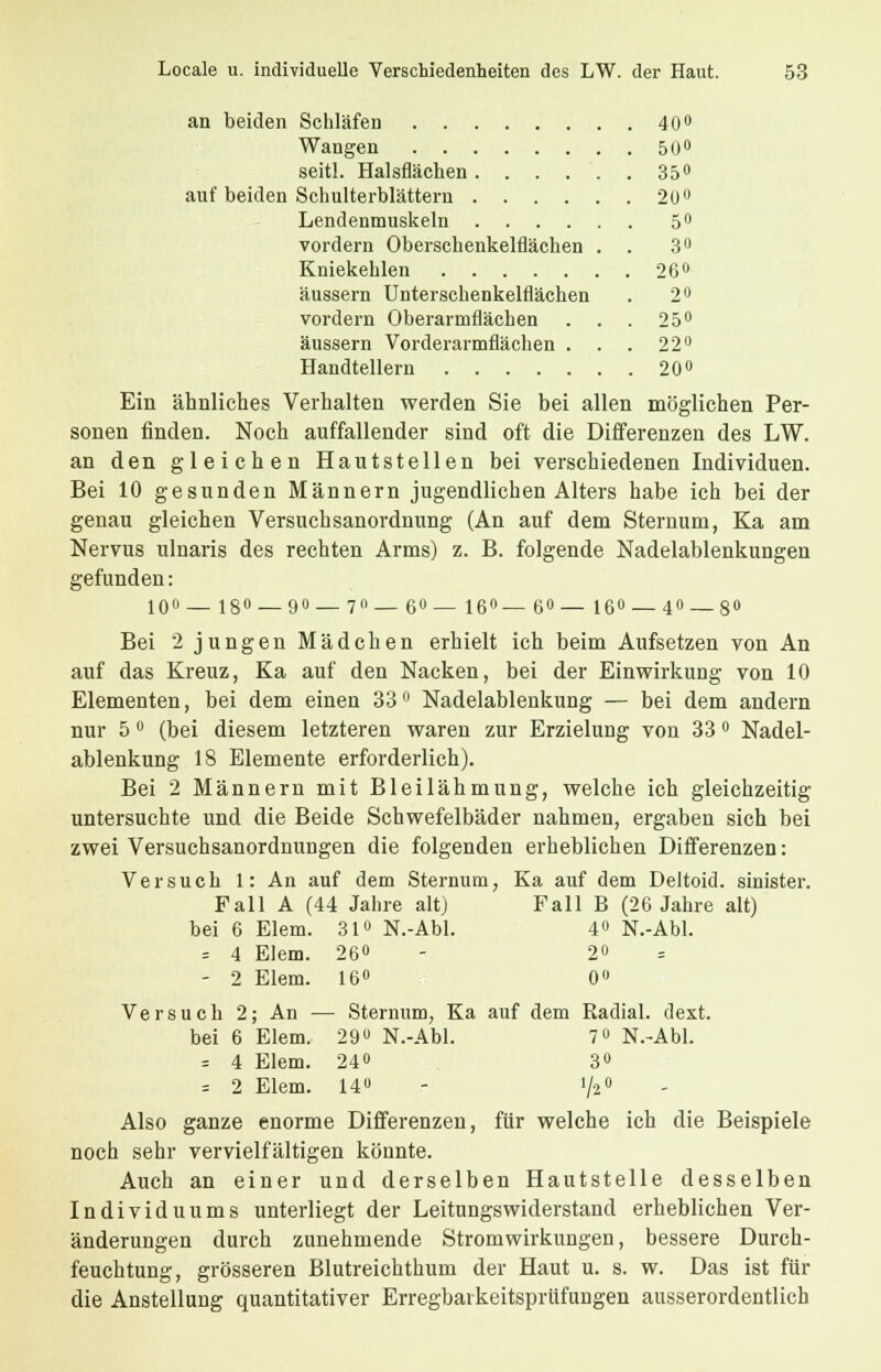 an beiden Schläfen 40° Wangen 50° seitl. Halsflächen 35° auf beiden Schulterblättern 20° Lendenmuskeln 5° vordem Oberschenkelflächen . . 3U Kniekehlen 26° äussern Unterschenkelflächen . 2° vordem Oberarmflächen . . . 25° äussern Vorderarmflächen . . . 22° Handtellern 20° Ein ähnliches Verhalten werden Sie bei allen möglichen Per- sonen finden. Noch auffallender sind oft die Differenzen des LW. an den gleichen Hautstellen bei verschiedenen Individuen. Bei 10 gesunden Männern jugendlichen Alters habe ich bei der genau gleichen Versuchsanordnung (An auf dem Sternum, Ka am Nervus ulnaris des rechten Arms) z. B. folgende Nadelablenkungen gefunden: 10° — 18° — 9°— 7°— 6°— 16°— 6°— 16° — 4° — 8 Bei 2 jungen Mädchen erhielt ich beim Aufsetzen von An auf das Kreuz, Ka auf den Nacken, bei der Einwirkung von 10 Elementen, bei dem einen 33° Nadelablenkung — bei dem andern nur 5 ° (bei diesem letzteren waren zur Erzielung von 33 ° Nadel- ablenkung 18 Elemente erforderlich). Bei 2 Männern mit Bleilähmung, welche ich gleichzeitig untersuchte und die Beide Schwefelbäder nahmen, ergaben sich bei zwei Versuchsanordnungen die folgenden erheblichen Differenzen: Versuch 1: An auf dem Sternum, Ka auf dem Deltoid. sinister. Fall A (44 Jahre alt) Fall B (26 Jahre alt) bei 6 Eiern. 31» N.-Abl. 4° N.-Abl. = 4 Elem. 26° - 2» - 2 Elem. 16° 0 Versuch 2; An — Sternum, Ka auf dem Radial, dext. bei 6 Elem. 29u N.-Abl. 7° N.-Abl. = 4 Elem. 24» 3° 2 Elem. 14ü >/: I/o« Also ganze enorme Differenzen, für welche ich die Beispiele noch sehr vervielfältigen könnte. Auch an einer und derselben Hautstelle desselben Individuums unterliegt der Leitungswiderstand erheblichen Ver- änderungen durch zunehmende Stromwirkungen, bessere Durch- feuchtung, grösseren Blutreichthum der Haut u. s. w. Das ist für die Anstellung quantitativer Erregbai keitsprüfungen ausserordentlich