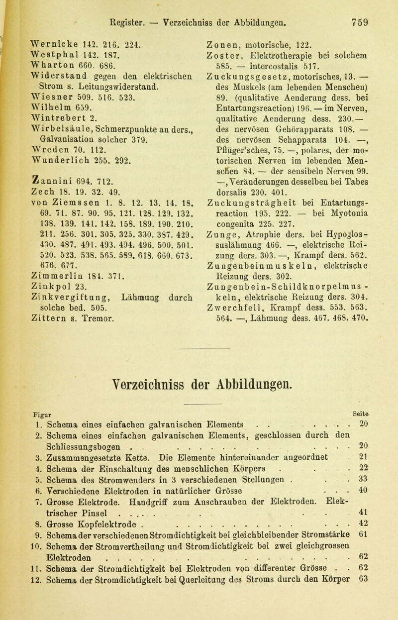 Wernicke 112. 216. 224. Westphal 142. 187. Wharton 660. 686. Widerstand gegen den elektrischen Strom s. Leitungswiderstand. Wiesner 509. 516. 523. Wilhelm 659. Wintrebert 2. Wirbelsäule, Schmerzpunkte an ders., Galvanisation solcher 379. Wreden 70. 112. Wunderlich 255. 292. Zannini 694. 712. Zech 18. 19. 32. 49. von Ziemssen 1. 8. 12. 13. 14. 18. 69. 71. 87. 90. 95. 121. 128. 129. 132. 138. 139. 141. 142. 158. 189. 190. 210. 211. 256. 301. 305. 325. 330. 387. 429. 430. 487. 491. 493. 494. 496. 500. 501. 520. 523. 538. 565. 589. 618. 660. 673. 676. 677. Zimmerlin 181. 371. Zinkpol 23. Zinkvergiftung, Lähmung durch solche bed. 505. Zittern s. Tremor. Zonen, motorische, 122. Zoster, Elektrotherapie bei solchem 585. — intercostalis 517. Zuckungsgesetz, motorisches, 13. — des Muskels (am lebenden Menschen) 89. (qualitative Aenderung dess. bei Entartungsreaction) 196. — im Nerven, qualitative Aenderung dess. 230.— des nervösen Gehörapparats 108. — des nervösen Sehapparats 104. —, Pflüger'sches, 75. —, polares, der mo- torischen Nerven im lebenden Men- schen 84. — der sensibeln Nerven 99. —Veränderungen desselben bei Tabes dorsalia 230. 401. Zuckungsträgheit bei Entartungs- reaction 195. 222. — bei Myotonia congenita 225. 227. Zunge, Atrophie ders. bei Hypoglos- suslähmung 466. —, elektrische Rei- zung ders. 303.—, Krampf ders. 562. Zungenbeinmuskeln, elektrische Reizung ders. 302. Zungenbein-Schildknorpelmus - kein, elektrische Reizung ders. 304. Zwerchfell, Krampf dess. 553. 563. 564. —, Lähmung dess. 467. 468. 470. Verzeichniss der Abbildungen. Figur Seite 1. Schema eines einfachen galvanischen Elements . . .... 20 2. Schema eines einfachen galvanischen Elements, geschlossen durch den Schliessungsbogen . . .... 20 3. Zusammengesetzte Kette. Die Elemente hintereinander angeordnet 21 4. Schema der Einschaltung des menschlichen Körpers . . .22 5. Schema des Stromwenders in 3 verschiedenen Stellungen . . . 33 6. Verschiedene Elektroden in natürlicher Grösse ... 40 7. Grosse Elektrode. Handgriff zum Anschrauben der Elektroden. Elek- trischer Pinsel . . • ■ 41 8. Grosse Kopfelektrode . ... 42 9. Schema der verschiedenen Stromdichtigkeit bei gleichbleibender Stromstärke 61 10. Schema der Stromvertheilung und Stromdichtigkeit bei zwei gleichgrossen Elektroden . 62 11. Schema der Stromdichtigkeit bei Elektroden von differenter Grösse . . 62 12. Schema der Stromdichtigkeit bei Querleitung des Stroms durch den Körper 63