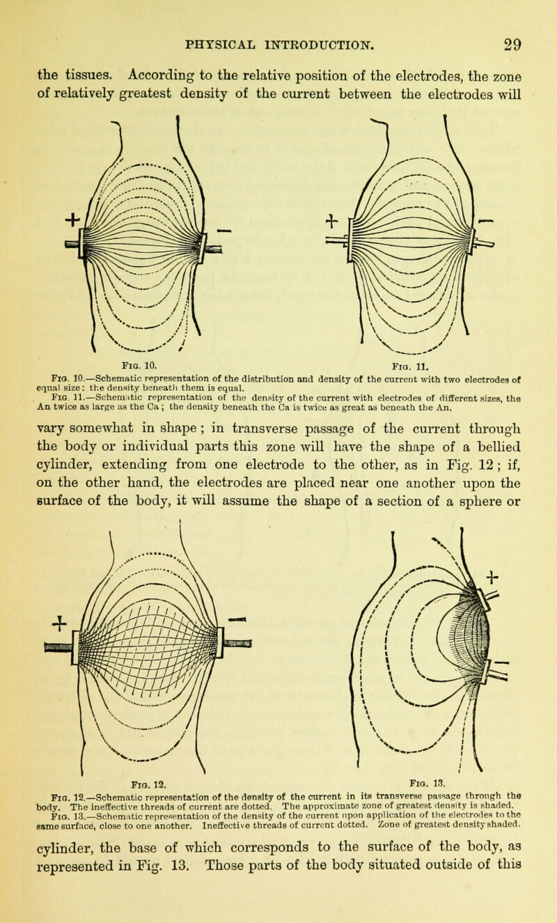 the tissues. According to the relative position of the electrodes, the zone of relatively greatest density of the current between the electrodes will Fig. 10. Fio. 11. Flo. 10.—Schematic representation of the distribution and density of the current with two electrodes of equal size: the density beneath them is equal. Fig. 11.—Schematic representation of the density of the current with electrodes of different sizes, the An twice as large as the Ca; the density beneath the Ca is twice as great as beneath the An. vary somewhat in shape ; in transverse passage of the current through the body or individual parts this zone will have the shape of a bellied cylinder, extending from one electrode to the other, as in Fig. 12 ; if, on the other hand, the electrodes are placed near one another upon the surface of the body, it will assume the shape of a section of a sphere or Fig. 12. Fig. 13. Fig. 12.—Schematic representation of the density of the current in its transverse passage through the body. The ineffective threads of current are dotted. The approximate zone of greatest density is shaded. Fig. 13.—Schematic representation of the density of too current upon application of the electrodes to the same surface, close to one another. Ineffective threads of current dotted. Zone of greatest density shaded. cylinder, the base of which corresponds to the surface of the body, as represented in Fig. 13. Those parts of the body situated outside of this