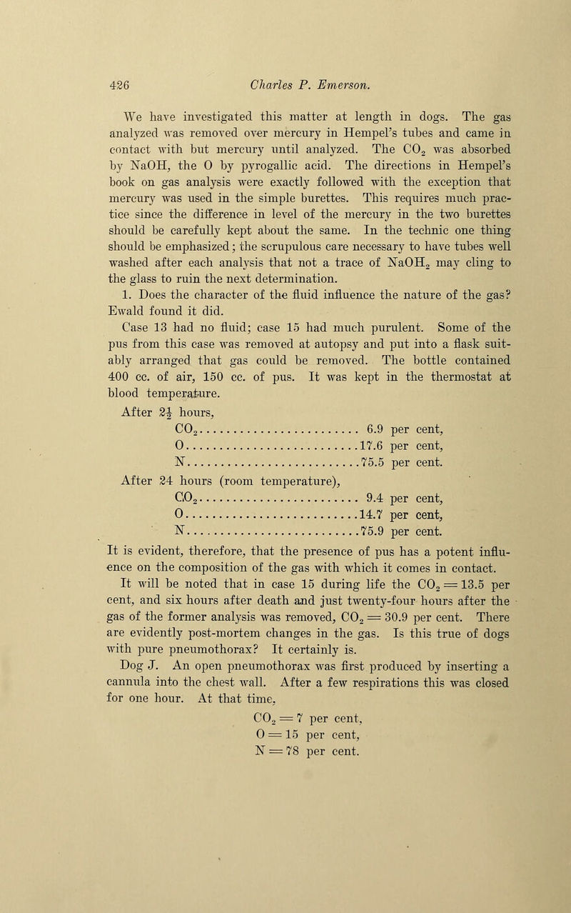 We have investigated this matter at length in dogs. The gas analyzed was removed over mercury in Hempel's tubes and came in contact with but mercury until analyzed. The C02 was absorbed by NaOH, the 0 by pyrogallic acid. The directions in Hempel's book on gas analysis were exactly followed with the exception that mercury was used in the simple burettes. This requires much prac- tice since the difference in level of the mercury in the two burettes should be carefully kept about the same. In the technic one thing should be emphasized; the scrupulous care necessary to have tubes well washed after each analysis that not a trace of NaOH2 may cling to the glass to ruin the next determination. 1. Does the character of the fluid influence the nature of the gas? Ewald found it did. Case 13 had no fluid; case 15 had much purulent. Some of the pus from this case was removed at autopsy and put into a flask suit- ably arranged that gas could be removed. The bottle contained 400 cc. of air, 150 cc. of pus. It was kept in the thermostat at blood temperature. After 2^ hours, C02 6.9 per cent, 0 17.6 per cent, N 75.5 per cent. After 24 hours (room temperature), G02 9.4 per cent, 0 14.7 per cent, N 75.9 per cent. It is evident, therefore, that the presence of pus has a potent influ- ence on the composition of the gas with which it comes in contact. It will be noted that in case 15 during life the C02 = 13.5 per cent, and six hours after death and just twenty-four hours after the gas of the former analysis was removed, C02 = 30.9 per cent. There are evidently post-mortem changes in the gas. Is this true of dogs with pure pneumothorax? It certainly is. Dog J. An open pneumothorax was first produced by inserting a cannula into the chest wall. After a few respirations this was closed for one hour. At that time, CO, = 7 per cent, 0 == 15 per cent, ]ST = 78 per cent.