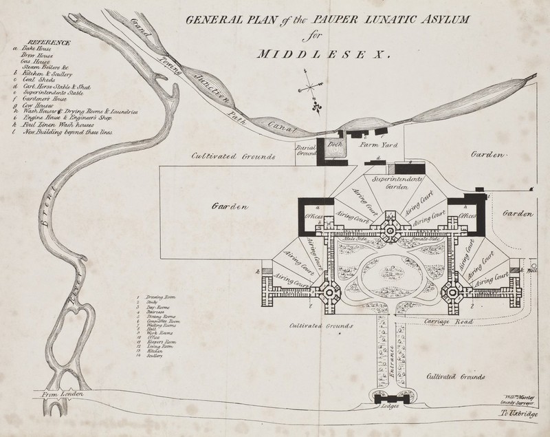 GENERAL PLAN f ths- -PAUPER LUNATIC ASYLUM JSEFEREJVCE co Sake Ileus, Gtt&JScuse Steam Boilers &c l JSbcherv & Scullery o Coed Shtds d CccrtMcmse <S'falle, Si' Shed, 0 Superintendent Stecbte, f (rardeners- Jlcwi ff Cow Hoiajsw tv Wks7vjBroiu;ar&' Ztrytng JRoerru; &JauJiclries i- lyrigiroe, JTeiMse, & JEhgineeri Shcp. k Jbul 3>inerv Was/o Twusej C ■¥ew-BtciZdmg beyond, the#e lin&s.