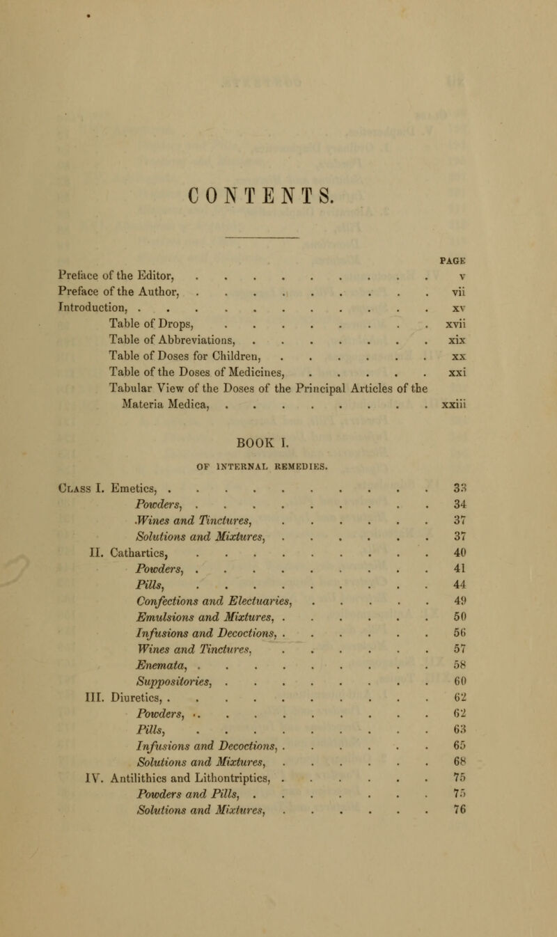 CONTENTS. PAGE Preface of the Editor, v Preface of the Author, vii Introduction, xv Table of Drops, xvii Table of Abbreviations, xix Table of Doses for Children, xx Table of the Doses of Medicines, xxi Tabular View of the Doses of the Principal Articles of the Materia Medica, xxiii BOOK I. OF INTERNAL REMEDIES. Class I. Emetics, Powders, . Wines and Tinctures, Solutions and Mixtures, 33 34 37 37 II. Cathartics, Powders, . Pills, Confections and Electuarie Emulsions and Mixtures, Infusions and Decoctions, Wines and Tinctures, Enemata, . Suppositories, . h 40 41 44 41) 50 56 57 58 60 m. Diuretics, Powders, •. Pills, Infusions and Decoctions, Solutions and Mixtures, 62 62 63 65 68 IV. Antilithics and Lithontriptics, . Powders and Pills, . Solutions and Mixtures, 75 75 76