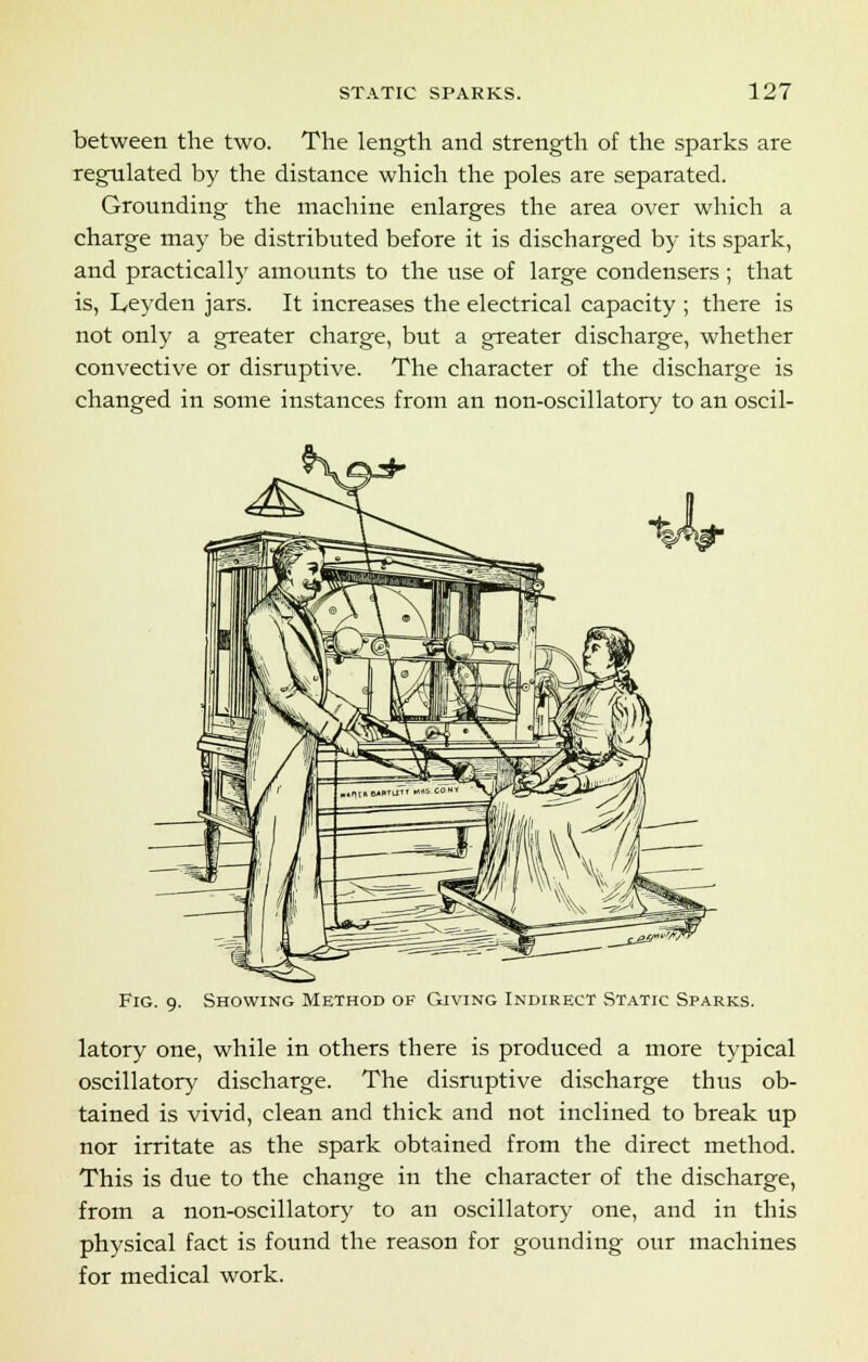 between the two. The length and strength of the sparks are regulated by the distance which the poles are separated. Grounding the machine enlarges the area over which a charge may be distributed before it is discharged by its spark, and practically amounts to the use of large condensers ; that is, Leyden jars. It increases the electrical capacity ; there is not only a greater charge, but a greater discharge, whether convective or disruptive. The character of the discharge is changed in some instances from an non-oscillatory to an oscil- Fig. 9. Showing Method of Giving Indirect .Static Sparks. latory one, while in others there is produced a more typical oscillatory discharge. The disruptive discharge thus ob- tained is vivid, clean and thick and not inclined to break up nor irritate as the spark obtained from the direct method. This is due to the change in the character of the discharge, from a non-oscillatory to an oscillatory one, and in this physical fact is found the reason for gounding our machines for medical work.