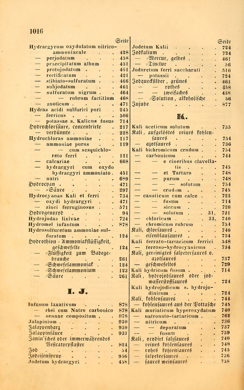 ©eite Hydrargyruin oxydulatum nitrico- aminouiacale . . 428 — perjodaliim . . . 458 — pniecipitatum album . 451 — protojodatum ♦ . . 461 — rectificat um . . .421 — stibiato-sulfuratum . . 466 — subjodatum « .. . 461 — sulfuratum nigrum . . 464 — — rubrum factitium 468 — zooticum ♦ 471 Hydras acidi sulfurici pari . 245 — ferricus .... 506 — potassae s. Kalieus fusus 714 $)t)broct)lorfä'ure, concentrirte . 217 — üerbünnte .... 228 Hydrocliloras ammoniae . . 117 — ammoniae purus . .119 — — cum scsquichlo- reto ferri . . .121 — calcariae ♦ . * 668 — hydrargyri cum oxydo Iiydrargj'ri ammoniato. 451 — liatri . . . ,689 g>t>broct)<m 471 — = ©dure . . . .297 Ilydrocyanas Kali et ferri . 734 — oxydi hydrargyri . .471 — zinci ferruginosus . . 571 Öpbrogenojr^D .... 94 Hydrojodas lixivae . . 724 Hydromel iiifautnm . . . 878 Hydrosulfurctum ammoniae sul- furatum ♦ 124 £)t)brothion ■■ 2tmmoniafflüfTigFert, gefcljrcefelte . . .124 — =glüftigfeit jum 33abege= brauche . ♦ .261 — =@d)roefelammoniaf . . 124 — =@djroefelammomum . 123 — =@dure . . . .261 I. J. In fusum laxativum . . . 878 — rhei cum Natro carbonico 878 — sennae compositum . . 878 Jalapiniuin ... . . . 930 3a(appenharj . . .•'•'. 930 Salappinfdure .... 933 3antn1fd)e$ ober immerrodfyrenbeö SSejtcatorpflafter . . 824 3ob 54 Sobcifenfyrup .... 956 JodcUim hydrargyri . . . 458 Jodelum Kalii Sobfalium .... — -ÜRercur, gelbeä . — sXmctur Joduretum ferri saccharati — potassii Sobquecfftlber, gruneö — — rotbeö — — jmeifadjeö — Solution, alfofyolifdje Sujiibe ...» Kali aceticum so In tum Aalt, aufgelöstes reines fobfen- ©eite 724 724 461 56 516 724 461 458 458 56 877 755 faureS . . . . 754 — ajotfaureS .... 736 Kali bichromicum crudum . 754 — carbonicum 744 — — e cineribus clavella- lis . 745 — — et Tartaro 748 — •— purum . ♦ 748 — — — solutum 754 — — crudum . ♦ 745 — causlicuia cum calce . 723 — — fusum . 714 — — siccum 720 — — solutum . . 31, 721 — chloricuia . . . 33, 740 — chromicuin rubrum 754 Stall cfjlorfaureS .... 740 — eifenblaufaures . 734 Kali ferrato-lariaricum ferrici 548 — ferroso-liydrocyauicma 734 ÄaK, gereinigte^ falpeterfaureS o. ajotfaureS . 737 — gefcfyroefelteS 729 Kali hydricum fusum ♦ 714 Sali , bpbrojobfaureS ober job= roaJTerjtofffaureS 724 Kali hydrojodicum s. hydrojo- diiiicum .... 724 Aalt, fofolenfaureö 744 — foblenfaureS aus ber $otrafd)e 745 Kali muriaticum hyperoxydatum 740 — nalronato-tartaricum . 762 — nitricum .... 736 — — depuratum 737 — — fusum 739 Sali , oxpbirt fctf^faureö 740 — reines Fof)lenfaureS 748 — robeS foblenfaureS 745 — fafpeterfaureS 736 — faureS roeinfaureS 758