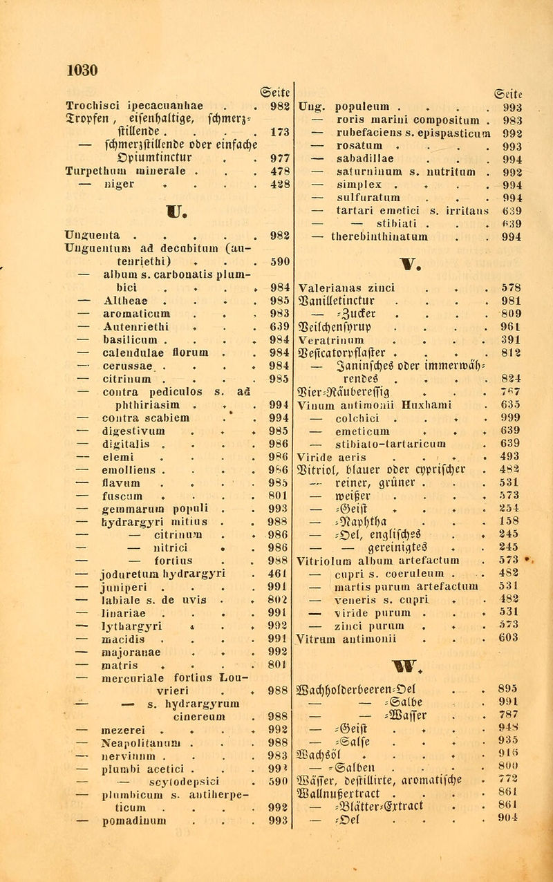 Seite Seite Trochisci ipecacuanhae 982 Ung. populeum . 993 Kröpfen, eifenfyaltige, fd)merj= — roris marini compositum . 983 Ihllenbe.... 173 — rubefaciens s. epispasticum 992 — fcfymerjjfitfenbe ober einfache — rosatum . 993 £>piumttnctur 977 — sabadillae 994 Turpethuiu iHinerale . 478 — saiurninum s. mitritum . 992 1 '  lüger .... 428 — simplex ♦ — sulfuratum 994 994 u. — tartari emetici s. irritaus — — stibiati . 639 fi;39 Unguenta 982 — tlierebiuthinatum 994 Ungu entum ad decubitum (au- tenriethi) 590 V. — album s. carbouatis plum- bici ♦ . , 984 Valerianas ziuci . . 578 — Altheae .... 985 SSanillettnctur . 981 — arotnaticum 983 — '3ucfec .... 809 — Autenriethi . 639 SSetfdjenfprup .... 961 — basilicum . . . ♦ 984 Veratrinum .... 391 — calendulae florum . 984 SSeftcatorpflajter .... 812 — cerussae. .... 984 — 3aninfd)eg ober immerroä'f)= — citriuum .... 985 renbeö .... 824 — contra pediculos s. ad 3$ier=3?dubereftig 7*7 phthiriasim . 994 Vinum antimonii Huxhami 635 — contra scabiem 994 — colchici .... 999 — digestivum . . ♦ 985 — emeticum . . ♦ 639 — digitalis .... 986 — stibiato-tartaricum 639 — elemi .... 986 Viride aeris .... 493 — eraollieus . . . 986 aSttrtot, blauer ober cpprifcfyer . 482 — flavnm . . .  985 — reiner, grüner . 531 — fuscum ♦ . . 801 — roetfser .... 573 — gemmarurn populi . 993 — *©eijl .... 254 — hydrargyri mitius . 988 — *9Japf)tlja 158 — — citrinum 986 — ?£)el, eng(ifdje$ 245 — — nitrici • 986 — — gereinigte^ + 245 — — fortius 988 Vitriolucs album artefactum 573 — joduretum hydrargyri 46 t — cupri s. coeruleum . 4S2 — juniperi .... 991 — martis purum artefactum 531 — labiale s. de nvis . 802 — veneris s. cupri . 482 — linariae .... 991 — viride purum . . ♦ 531 — lytliargyri * . ♦ 91)2 — zinci purum . ♦ 573 — naacidis .... 991 Vitram antimonii 603 — niajoranae ... 992 matris ♦ mercnriale fortius Lou- 801 w. vrieri . ♦ 988 s£3ad$ofberbeerem£>e( 895 •— — s. hydrargyruin — — »Salbe 991 * ciiiereum 988 — — »aBaffer 787 — mezerei . ♦ . ♦ 992 — s@etfl .... 94S — Neapolitaminj . 988 — s@a(fe . 935 — nerviiiiim .... 983 2Bad)$öf ..... 91« — p!umbi acetici . 99« — -Salben . ,' • 800 — — scylodepsici 590 5ßä'|Ter, bejrtllirte, aromatifcfye 772 — plumbicum s. antiherpe- $BaUmi|jertract .... 861 ticum .... 992 — mättevfSxtmt 861 — pomadiuum 993 - *£)tl • • 904