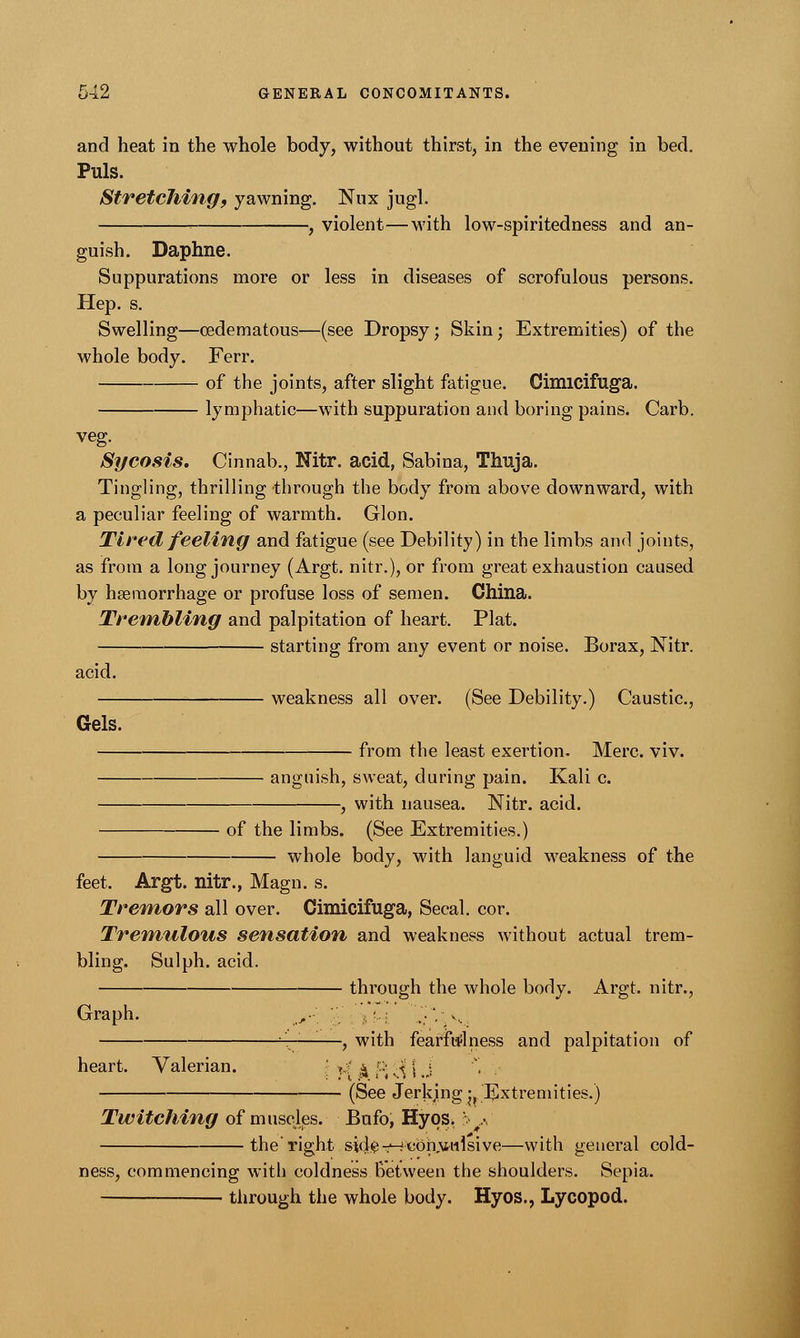 and heat in the whole body, without thirst, in the evening in bed. Puis. Stretching, yawning. Nux jugl. , violent—with low-spiritedness and an- guish. Daphne. Suppurations more or less in diseases of scrofulous persons. Hep. s. Swelling—(edematous—(see Dropsy; Skin; Extremities) of the whole body. Ferr. of the joints, after slight fatigue. Cimicifuga. lymphatic—with suppuration and boring pains. Carb. veg. Sycosis. Cinnab., Nitr. acid, Sabina, Thuja. Tingling, thrilling through the body from above downward, with a peculiar feeling of warmth. Glon. Tired feeling and fatigue (see Debility) in the limbs and joints, as from a long journey (Argt. nitr.), or from great exhaustion caused by haemorrhage or profuse loss of semen. China. Trembling and palpitation of heart. Plat. starting from any event or noise. Borax, Nitr. acid. Gels. weakness all over. (See Debility.) Caustic. from the least exertion. Merc. viv. anguish, sweat, during pain. Kali c. -, with nausea. Nitr. acid. of the limbs. (See Extremities.) whole body, with languid weakness of the feet. Argt. nitr., Magn. s. Tremors all over. Cimicifuga, Secal. cor. Tremulous sensation and weakness without actual trem- bling. Sulph. acid. through the whole body. Argt. nitr., Graph. ,• ' , !...; •,;,:.<, ■— , with fearMness and palpitation of heart. Valerian. ' *;' & ft ■< \ \ ', (See Jerking-Extremities.) Twitching of muscles. Bufo, Hyos. > a the'right side ^ convulsive—with general cold- ness, commencing with coldness Between the shoulders. Sepia. through the whole body. Hyos., Lycopod.