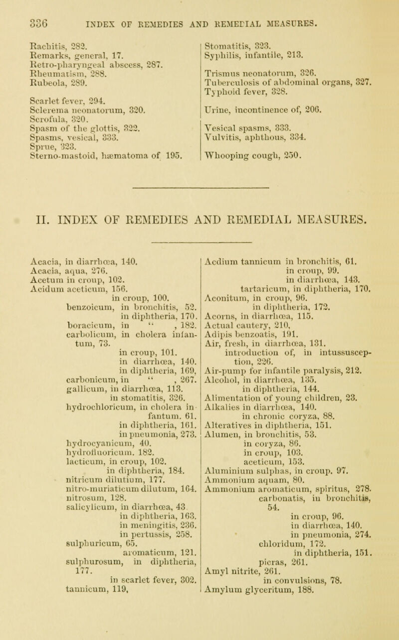 Rachitis, 282. Remarks, general, 17. Retro-pharyngeal abscess, 287. Rheumatism. 288. Rubeola, 289. Scarlet fever, 204. Sclerema neonatorum, 320. Scrofula. 320. Spasm of the glottis, 322. Spasms, vesical, 333. Sprue, 333. Sterno-mastoid, luematoma of 195. Stomatitis, 323. Syphilis, infantile, 213. Trismus neonatorum, 320. Tuberculosis of abdominal organs, 327. Typhoid fever, 328. Urine, incontinence of, 200. Vesical spasms, 333. Vulvitis, aphthous, 334. Whooping cough, 250. II. INDEX OF REMEDIES AND REMEDIAL MEASURES. Acacia, in diarrhoea, 140. Acacia, aqua, 270. Acetum in croup, 102. Acidum aceticum, 156. in croup, 100. benzoicum, in bronchitis, 52. in diphtheria, 170. boracicum, in  , 182. carbolicum, in cholera infan- tum, 73. in croup, 101. in diarrhoea, 140. in diphtheria, 109, carbonicum, in  ,207. gallicum, in diarrhoea, 113. in stomatitis, 320. hydrochloricum, in cholera in- fantum. 61. in diphtheria, 161. in pneumonia, 273. hydrocyanicum, 40. hydrofluoricum. 182. lacticum, in croup, 102. in diphtheria, 184. nitricum dilutium, 177. nitro-muriaticum dilutum, 104. nitrosum, 128. salicylicum, in diarrhoea, 43 in diphtheria, 103. in meningitis, 230. in pertussis, 258. sulphuricum, 65. aromaticum, 121. sulphurosum, in diphtheria, 177. in scarlet fever, 302. taunicum, 119, Acdium taunicum in bronchitis, 61. in croup, 99. in diarrhoea, 143. tartaricum, in diphtheria, 170. Aconitum, in croup, 96. in diphtheria, 172. Acorns, in diarrhoea, 115. Actual cautery, 210, Adipis benzoatis, 191. Air, fresh, in diarrhoea, 131. introduction of, in intussuscep- tion, 220. Air-pump for infantile paralysis, 212. Alcohol, in diarrhoea, 136. in diphtheria, 144. Alimentation of young children, 23. Alkalies in diarrhoea, 140. in chronic coryza, 88. Alteratives in diphtheria, 151. Alumen, in bronchitis, 53. in coryza, 86. in croup, 103. aceticum, 153. Aluminium sulphas, in croup. 97. Ammonium aquam, 80. Ammonium aromaticum, spiritus, 278. carbonatis, in bronchitis, 54. in croup, 96. in diarrhoea, 140. in pneumonia, 274. chloridum, 172. in diphtheria, 151. picras, 261. Amyl nitrite, 201. in convulsions, 78. Amylum glyceritum, 188.